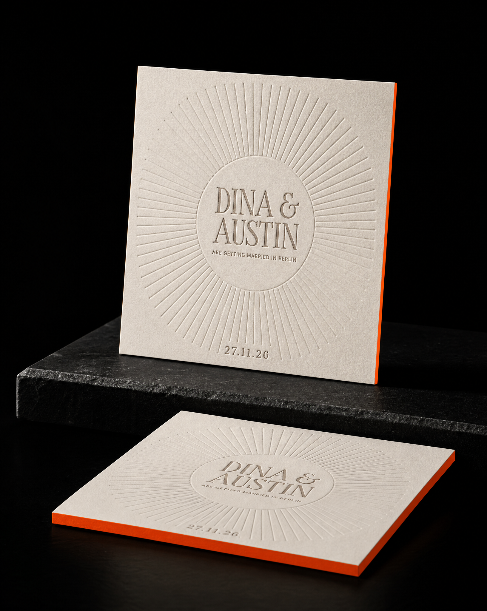 Dina & Austin wedding invitation concept (run 2, quiet), Berlin 2026 — designed and produced by Print Peppermint