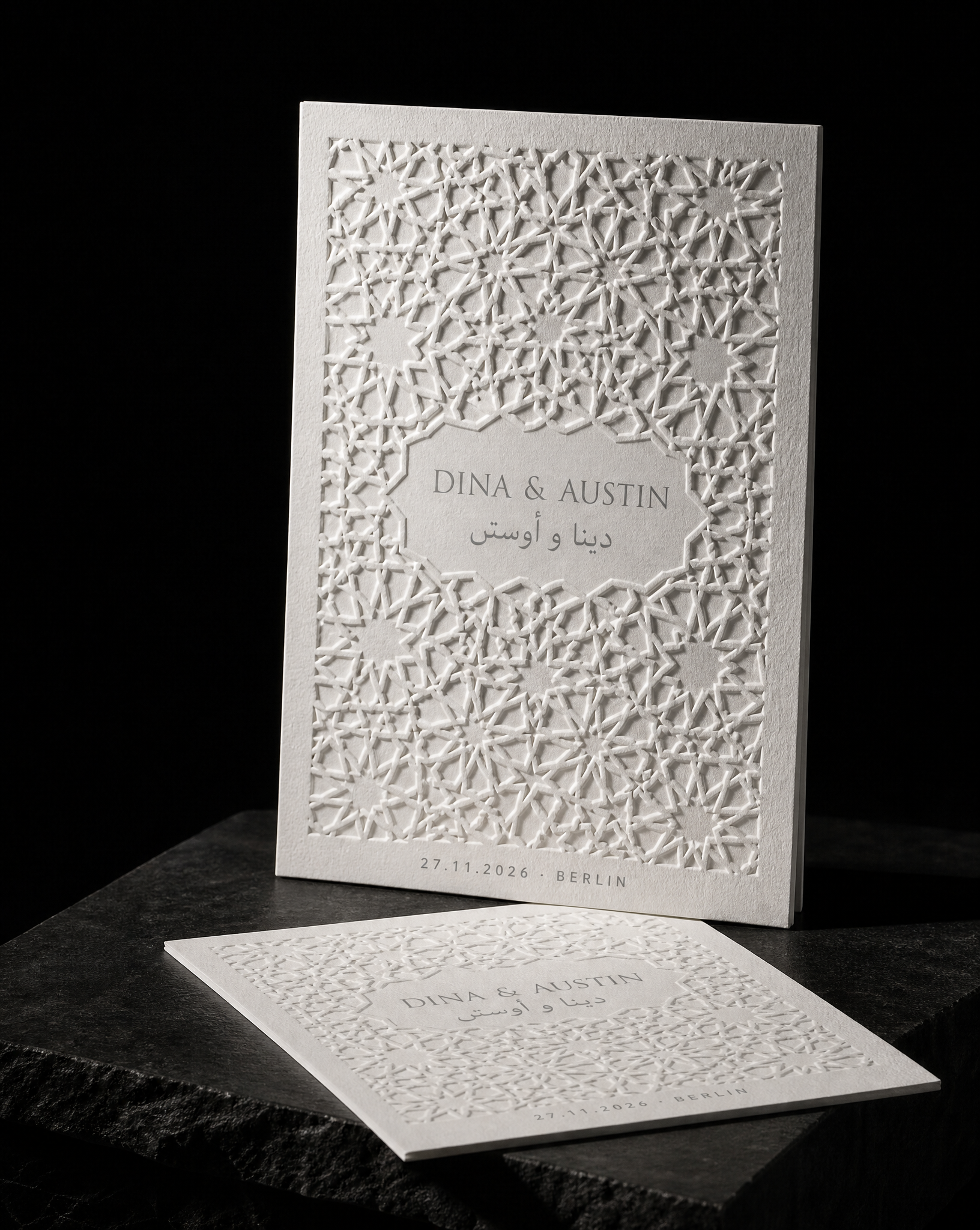 Dina & Austin wedding invitation concept (run 2, quiet), Berlin 2026 — designed and produced by Print Peppermint