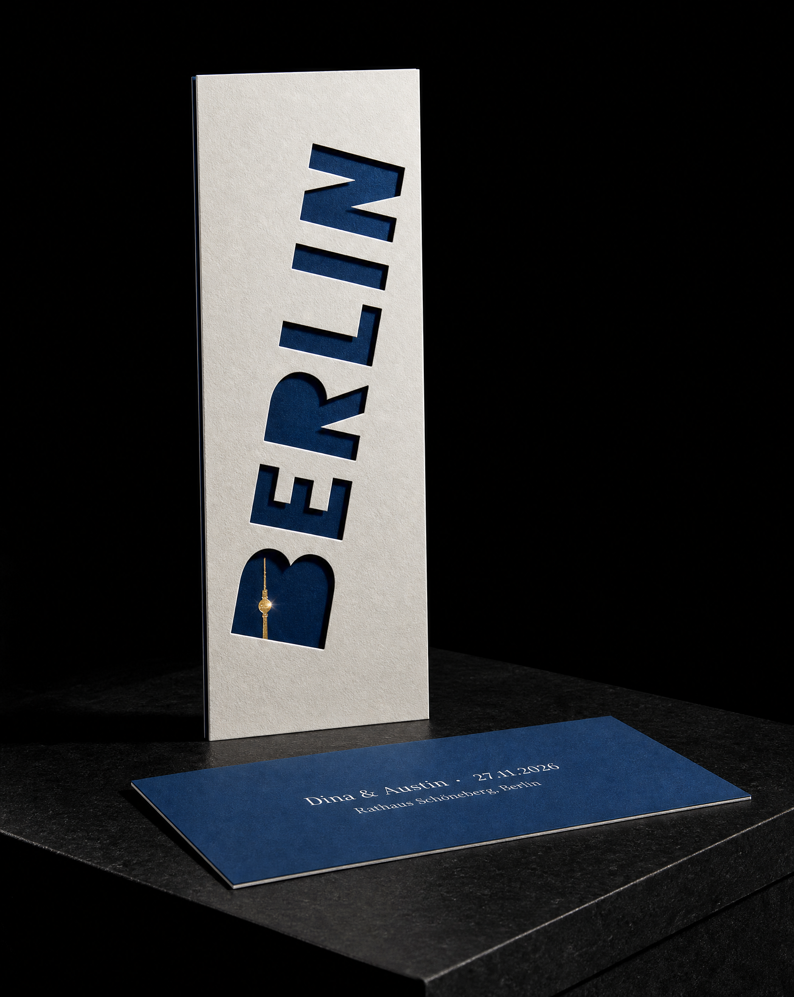 Dina & Austin wedding invitation concept (run 2, quiet), Berlin 2026 — designed and produced by Print Peppermint