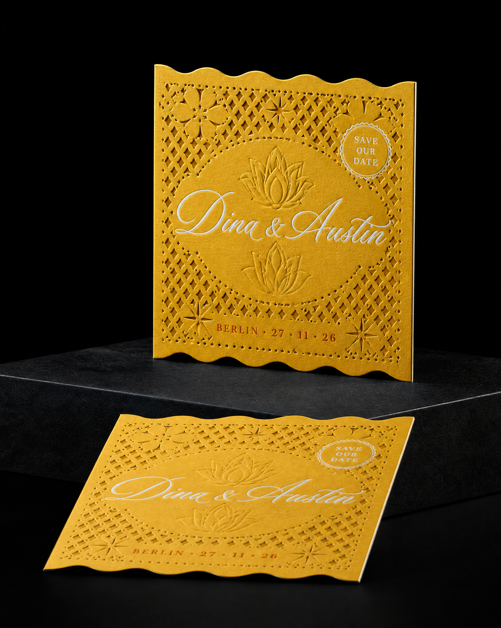 Dina & Austin wedding invitation concept (run 2, mexican), Berlin 2026 — designed and produced by Print Peppermint