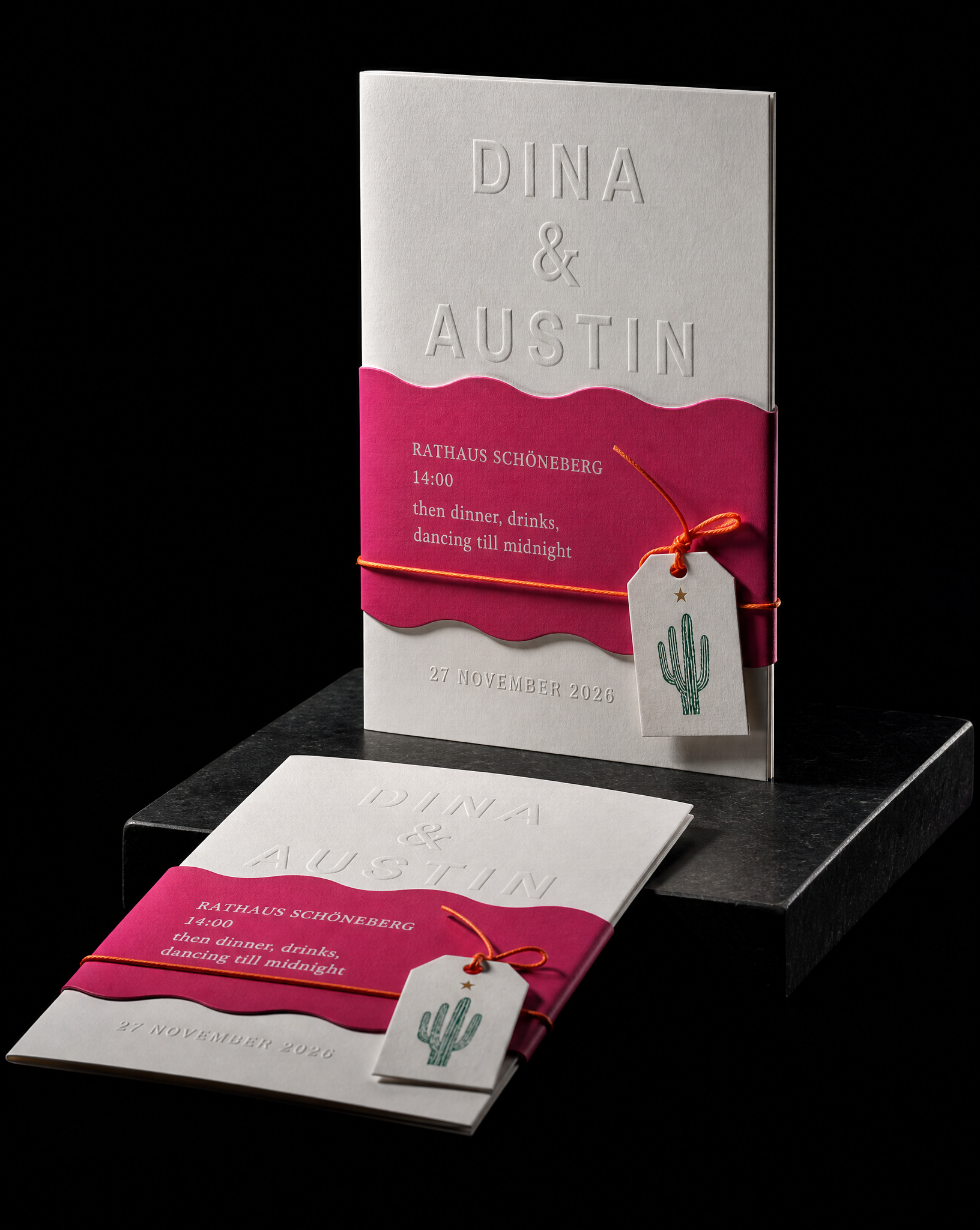 Dina & Austin wedding invitation concept (run 2, mexican), Berlin 2026 — designed and produced by Print Peppermint