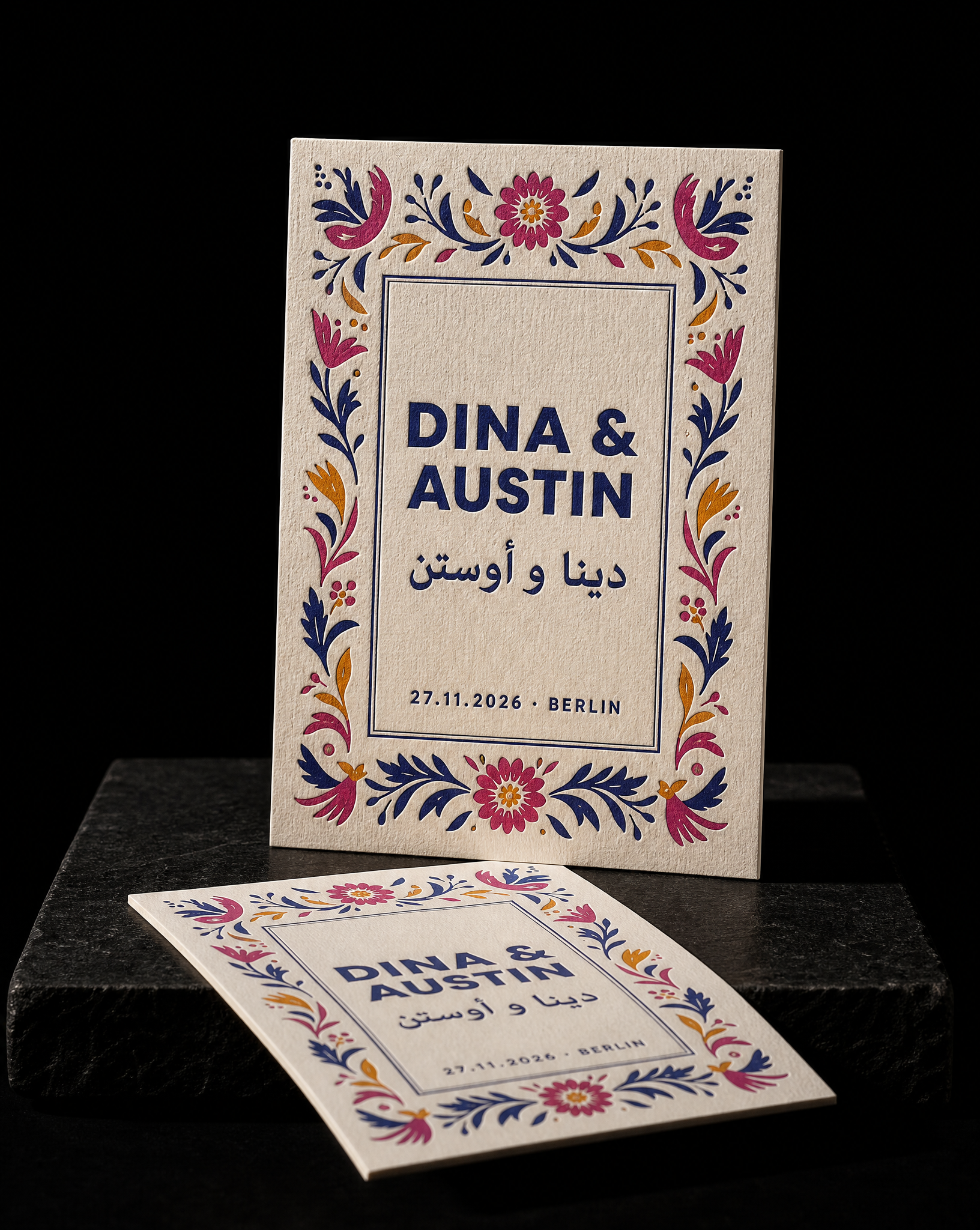 Dina & Austin wedding invitation concept (run 2, mexican), Berlin 2026 — designed and produced by Print Peppermint