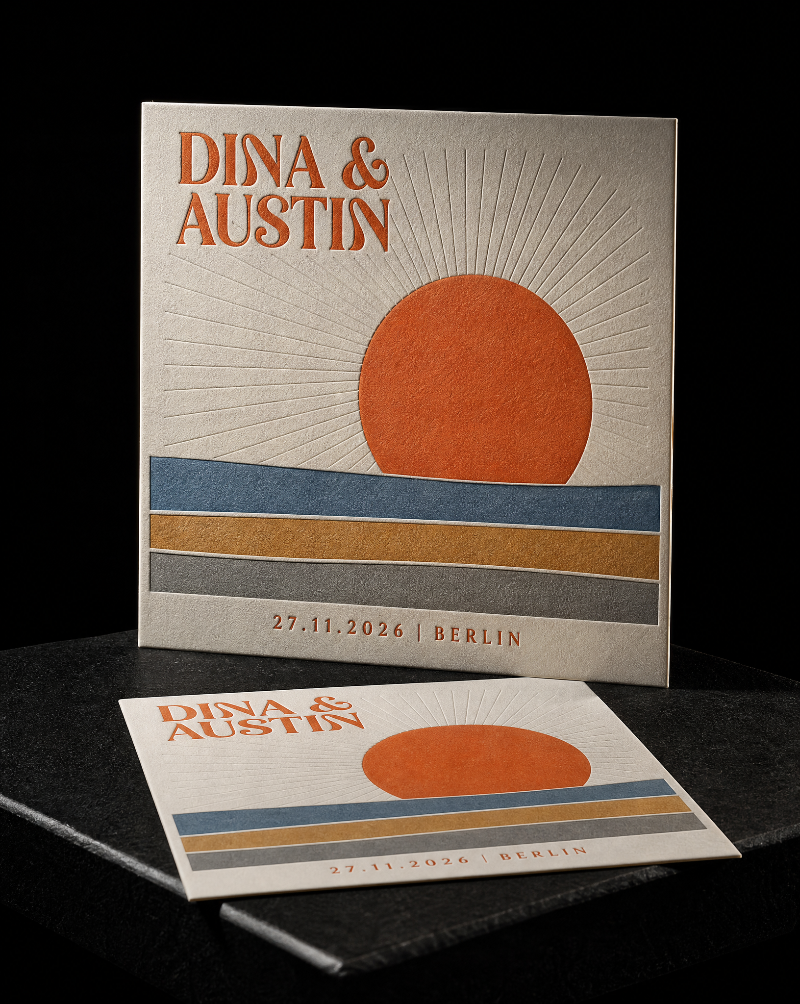 Dina & Austin wedding invitation concept (run 2, mexican), Berlin 2026 — designed and produced by Print Peppermint