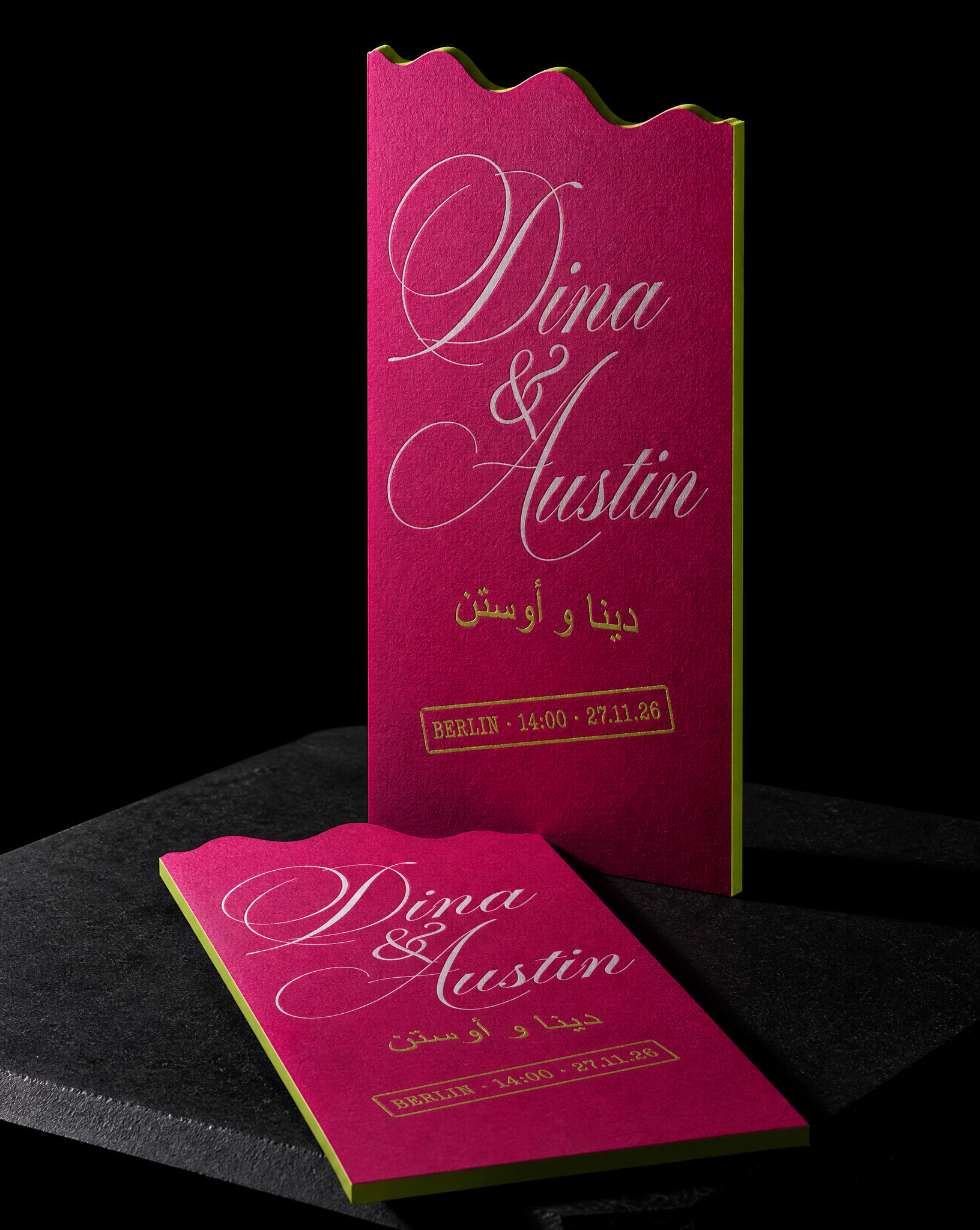 Dina & Austin wedding invitation concept (run 2, mexican), Berlin 2026 — designed and produced by Print Peppermint