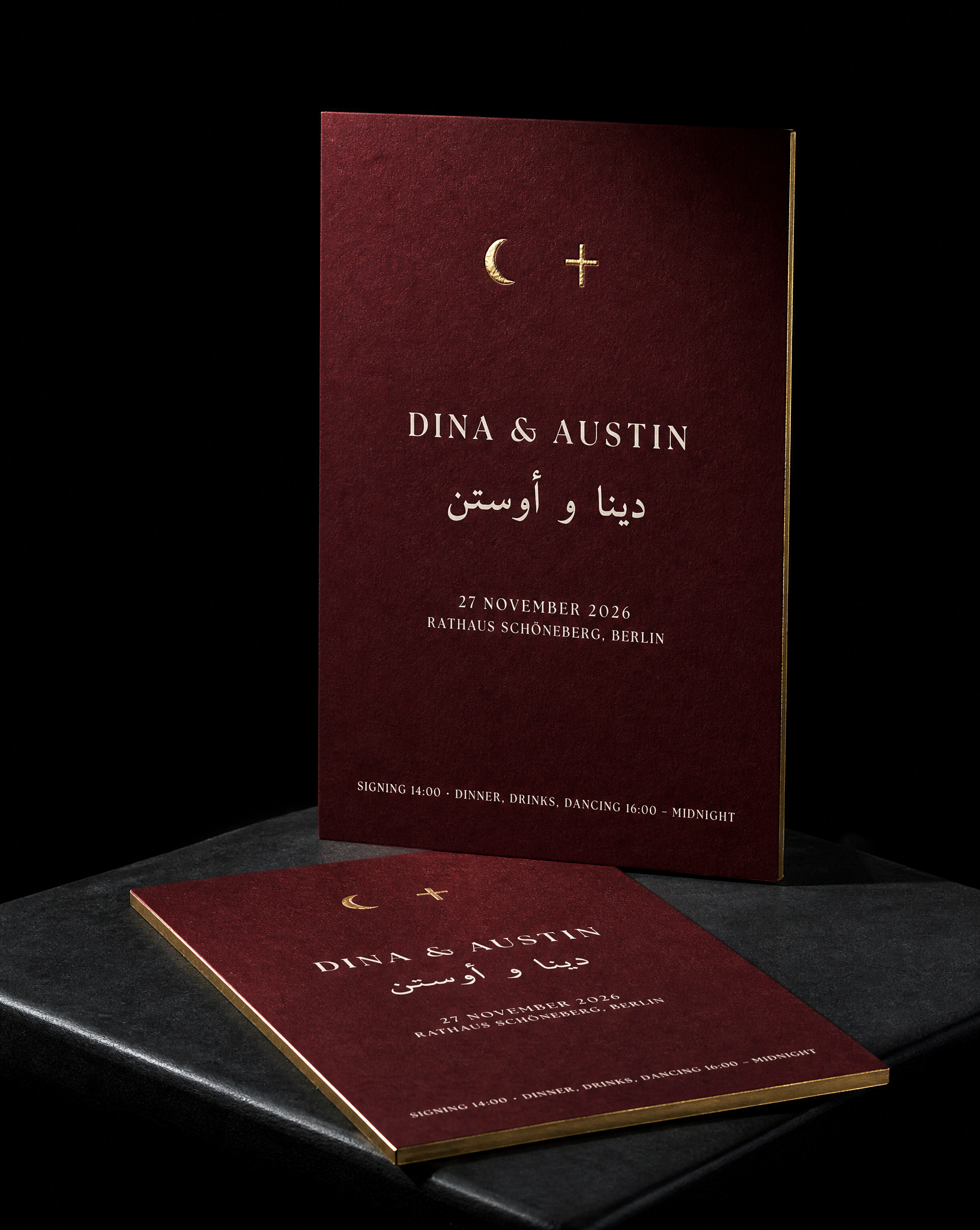 Dina & Austin wedding invitation concept (run 2, cairo), Berlin 2026 — designed and produced by Print Peppermint