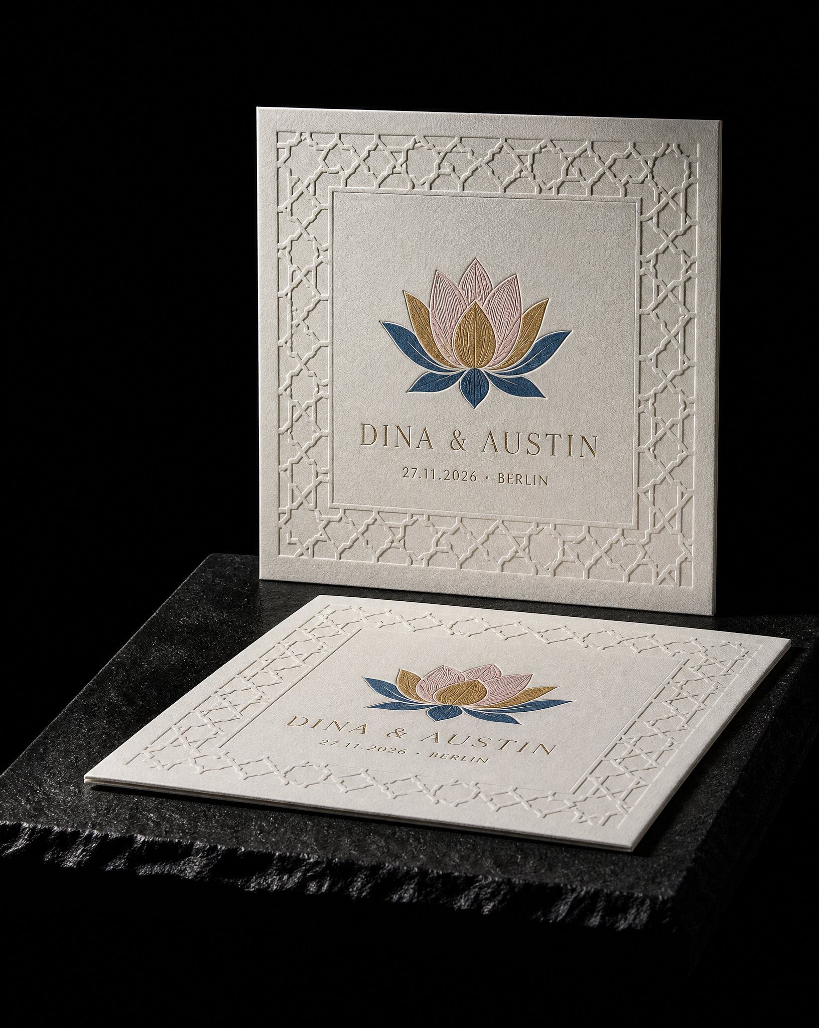 Dina & Austin wedding invitation concept (run 2, cairo), Berlin 2026 — designed and produced by Print Peppermint