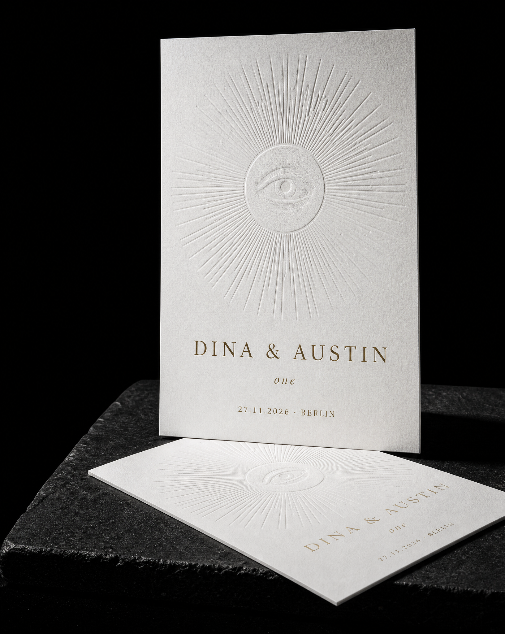 Dina & Austin wedding invitation concept (run 2, symbol), Berlin 2026 — designed and produced by Print Peppermint