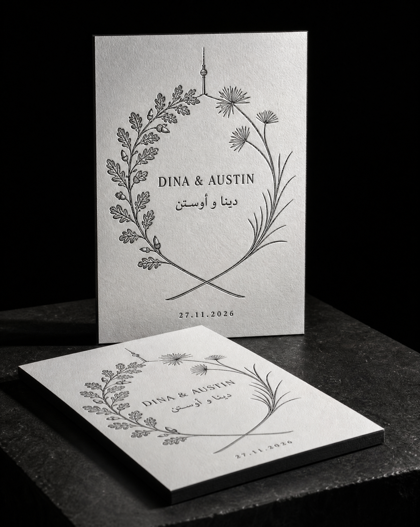 Dina & Austin wedding invitation concept (run 2, symbol), Berlin 2026 — designed and produced by Print Peppermint