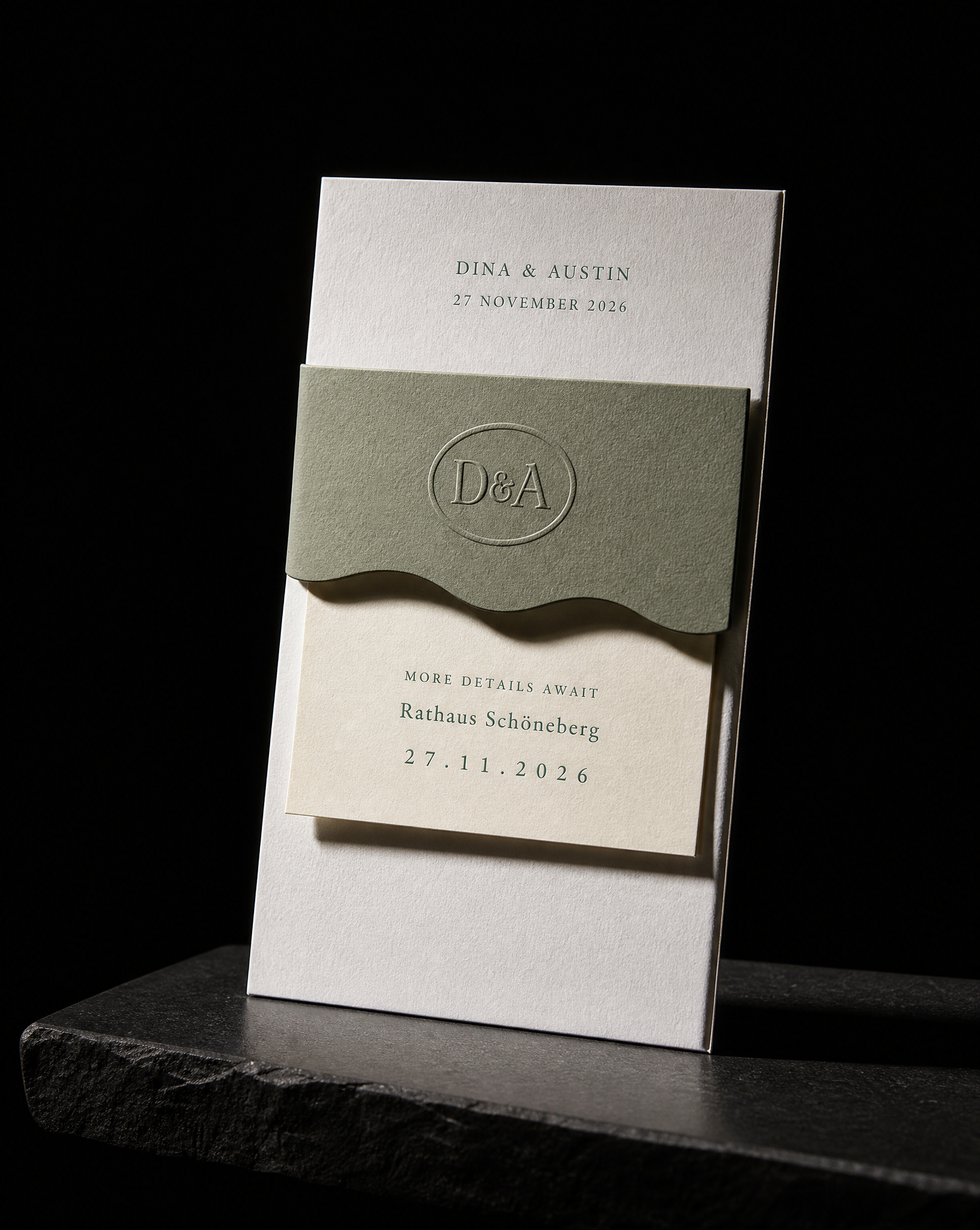 Dina & Austin wedding invitation concept (run 2, symbol), Berlin 2026 — designed and produced by Print Peppermint