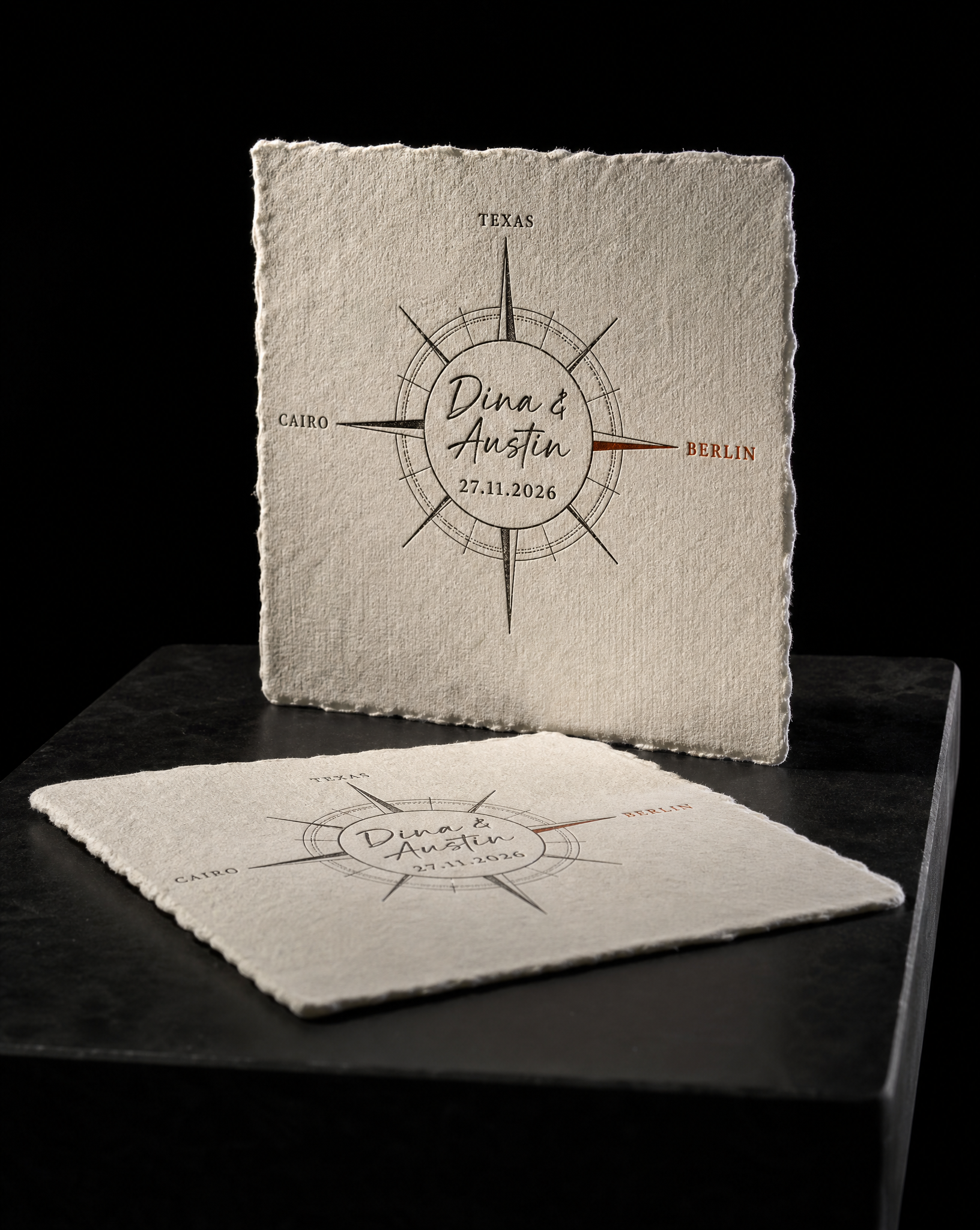 Dina & Austin wedding invitation concept (run 2, symbol), Berlin 2026 — designed and produced by Print Peppermint