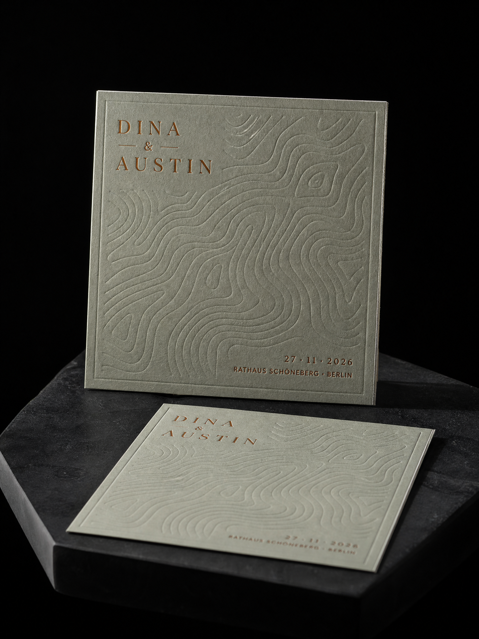 Dina & Austin wedding invitation concept (run 1), Berlin 2026 — designed and produced by Print Peppermint