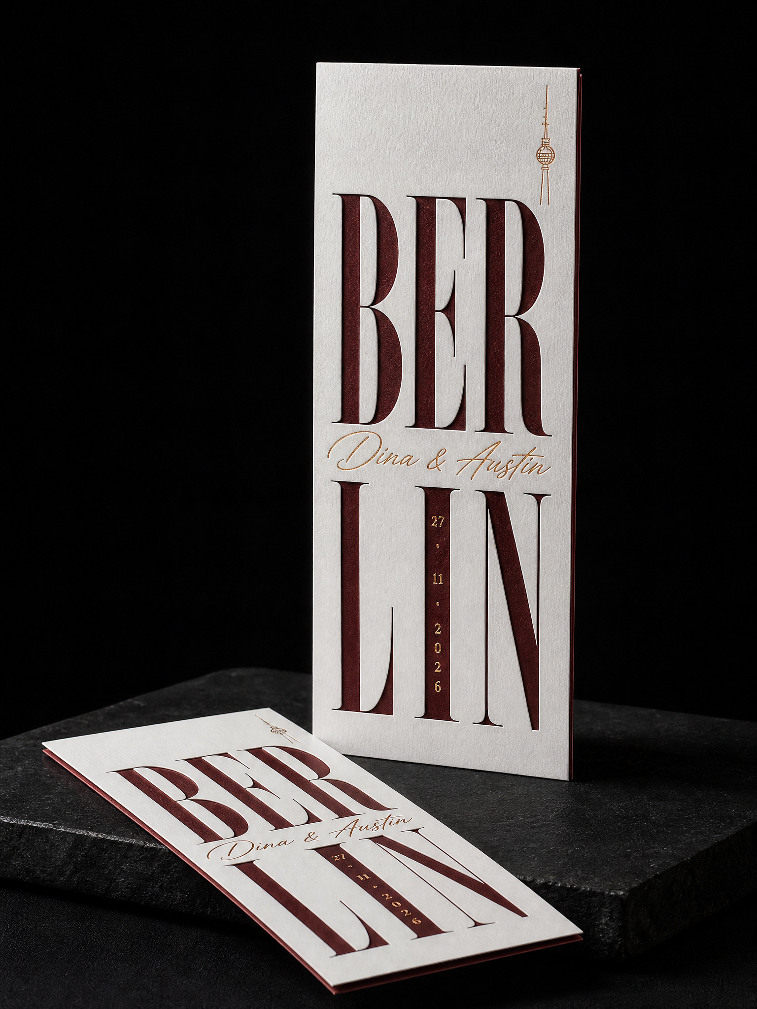 Dina & Austin wedding invitation concept (run 1), Berlin 2026 — designed and produced by Print Peppermint