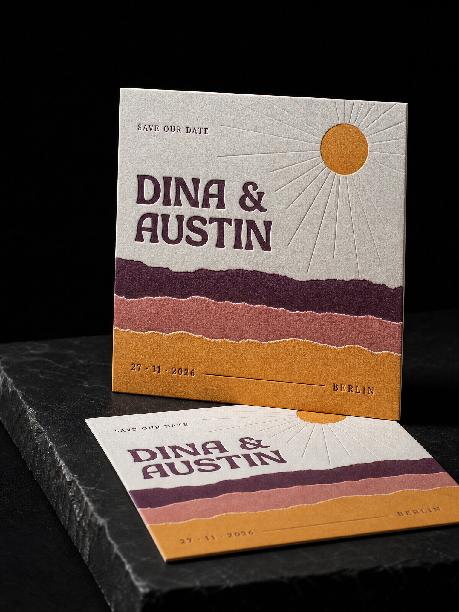 Dina & Austin wedding invitation concept (run 1), Berlin 2026 — designed and produced by Print Peppermint