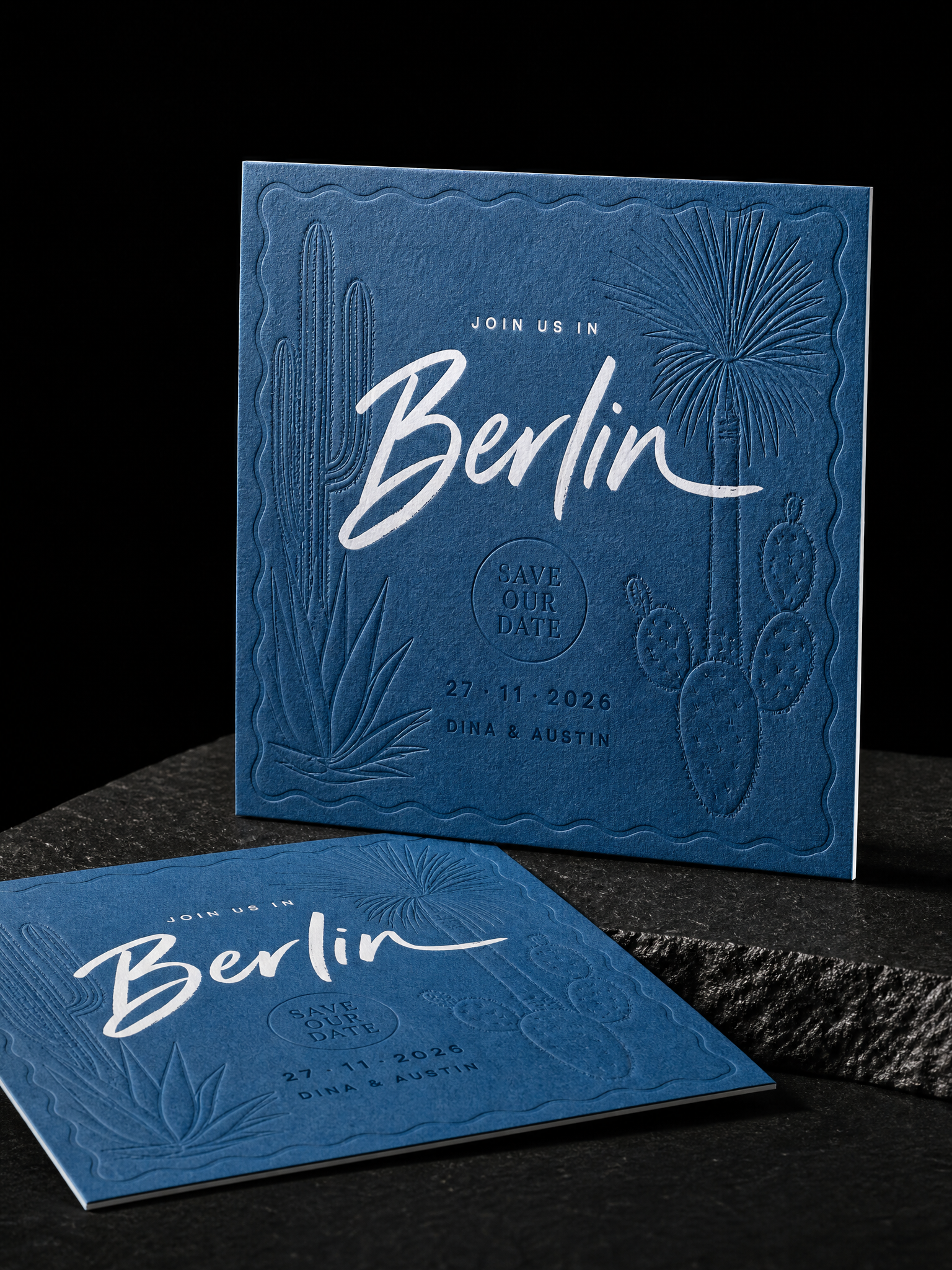 Dina & Austin wedding invitation concept (run 1), Berlin 2026 — designed and produced by Print Peppermint