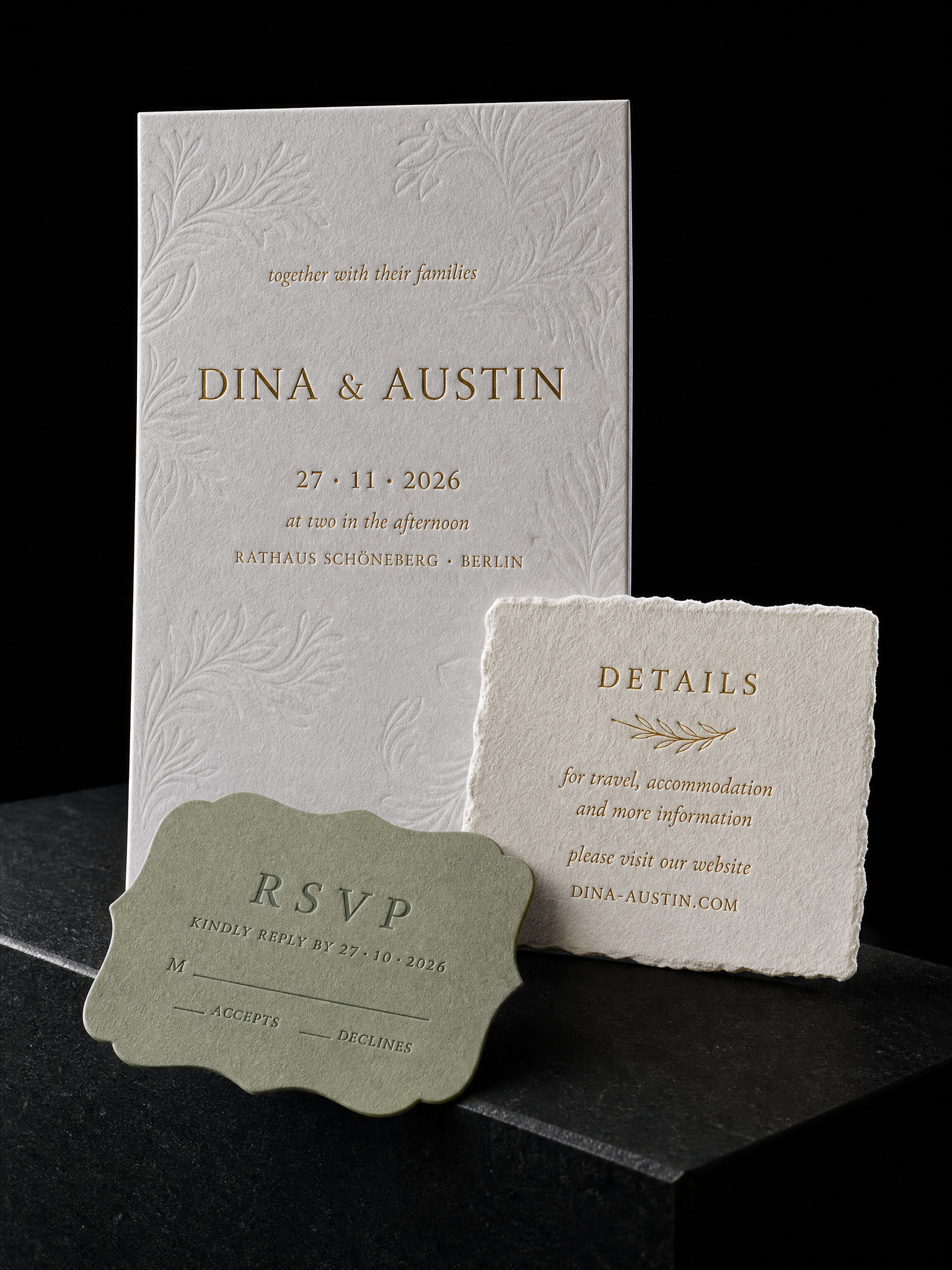 Dina & Austin wedding invitation concept (run 1), Berlin 2026 — designed and produced by Print Peppermint