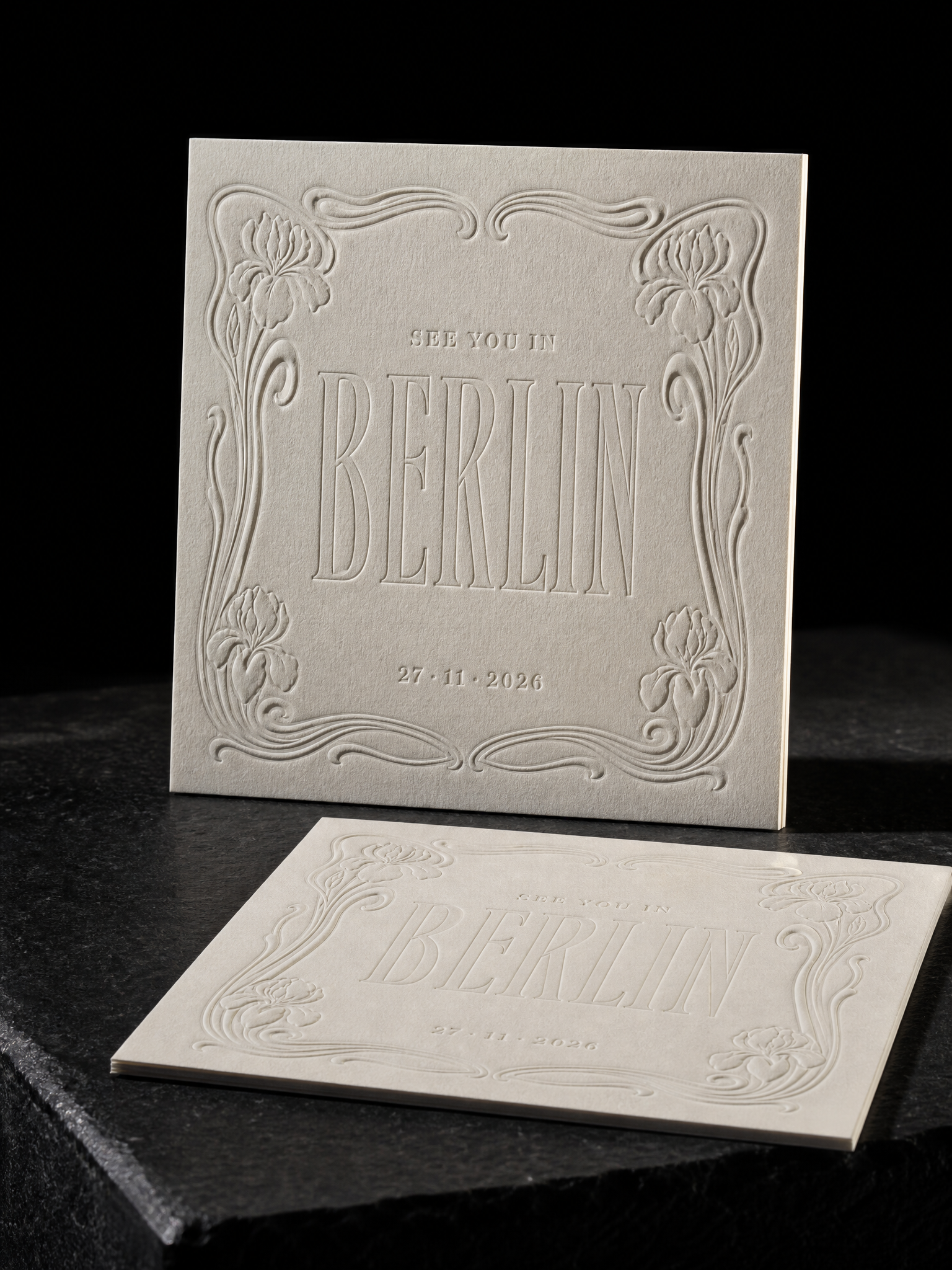 Dina & Austin wedding invitation concept (run 1), Berlin 2026 — designed and produced by Print Peppermint