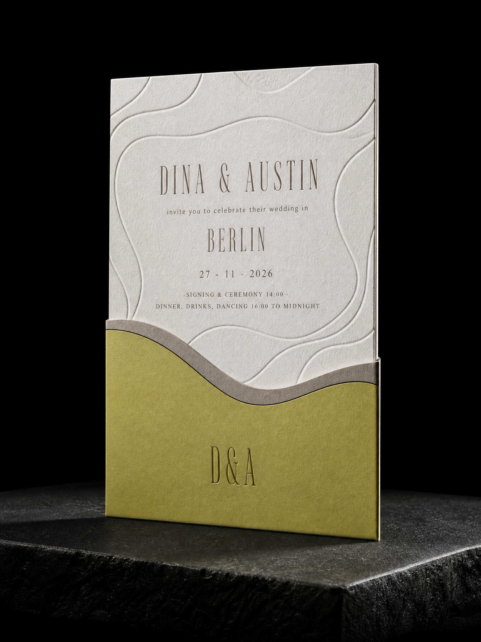 Dina & Austin wedding invitation concept (run 1), Berlin 2026 — designed and produced by Print Peppermint