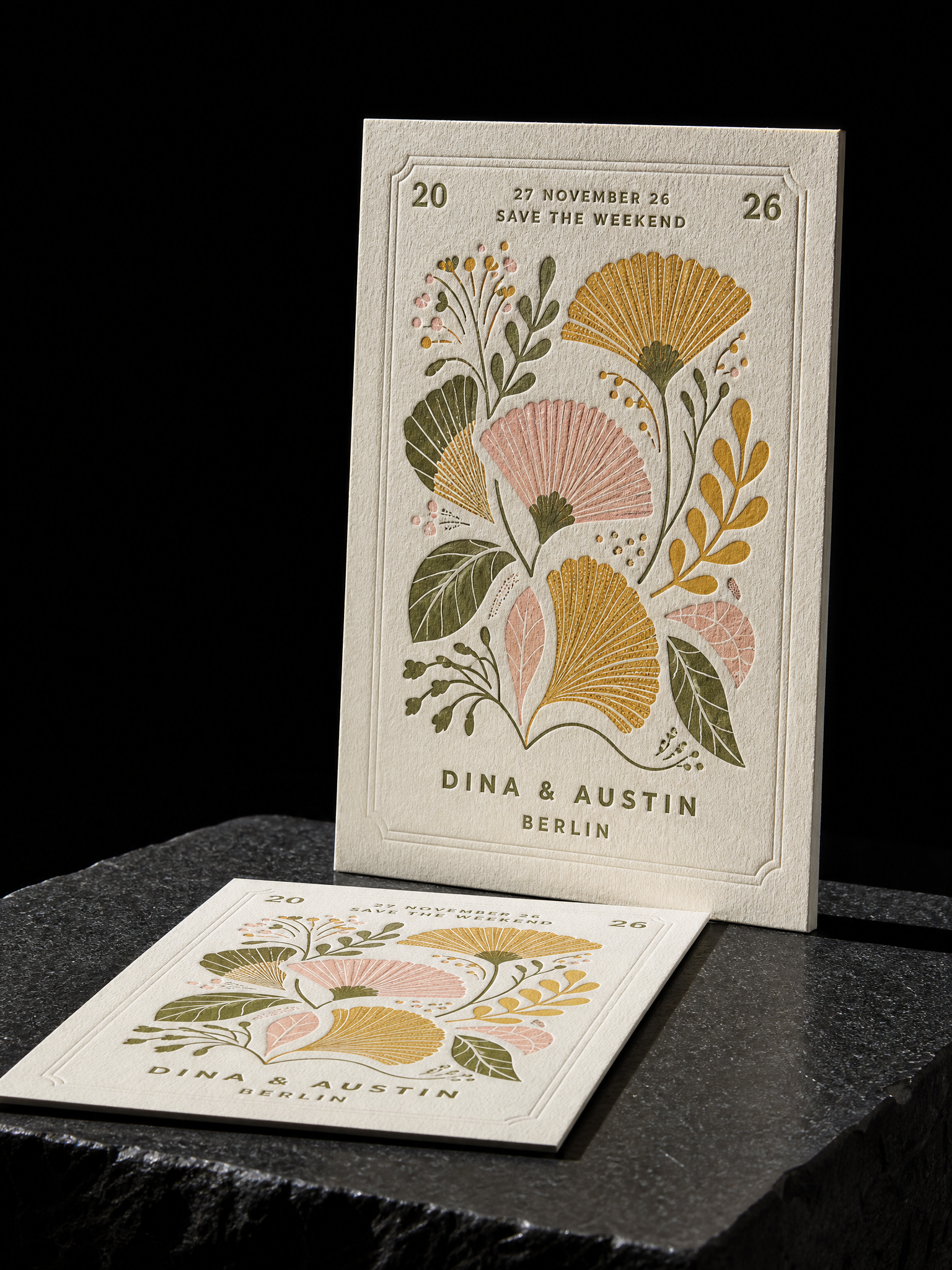 Dina & Austin wedding invitation concept (run 1), Berlin 2026 — designed and produced by Print Peppermint