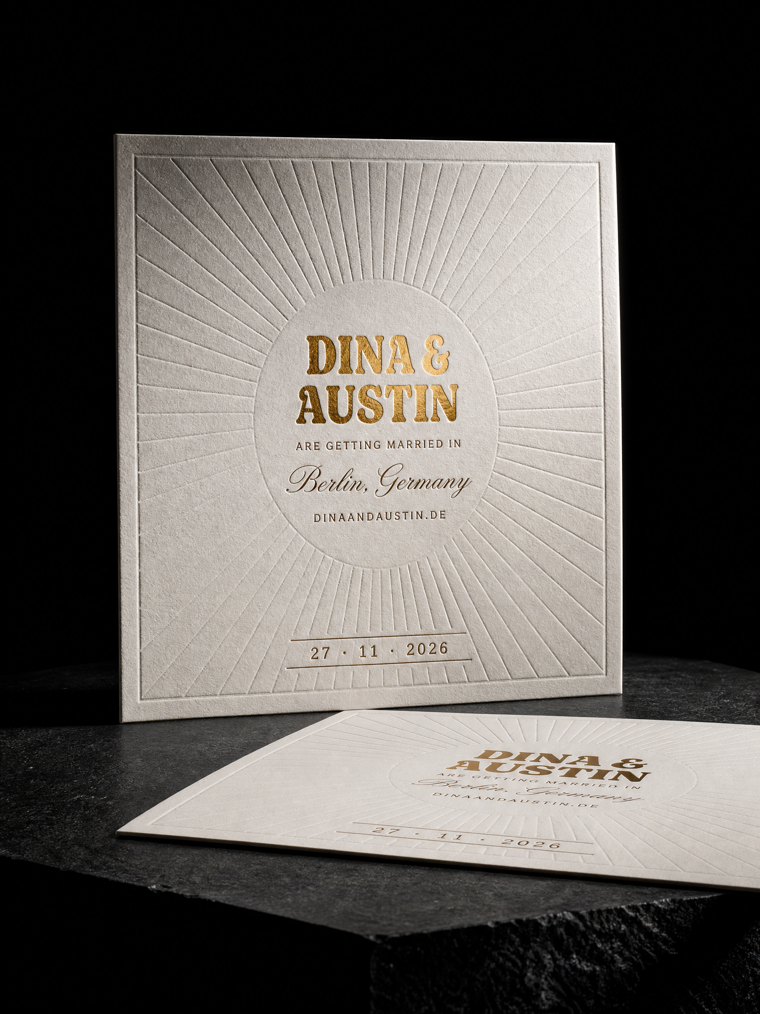 Dina & Austin wedding invitation concept (run 1), Berlin 2026 — designed and produced by Print Peppermint