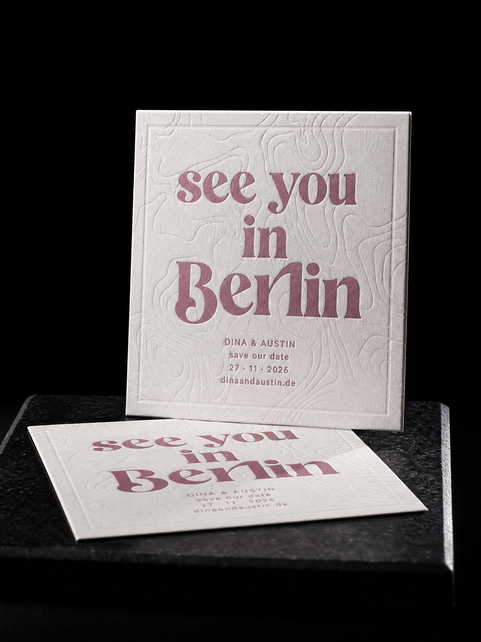Dina & Austin wedding invitation concept (run 1), Berlin 2026 — designed and produced by Print Peppermint