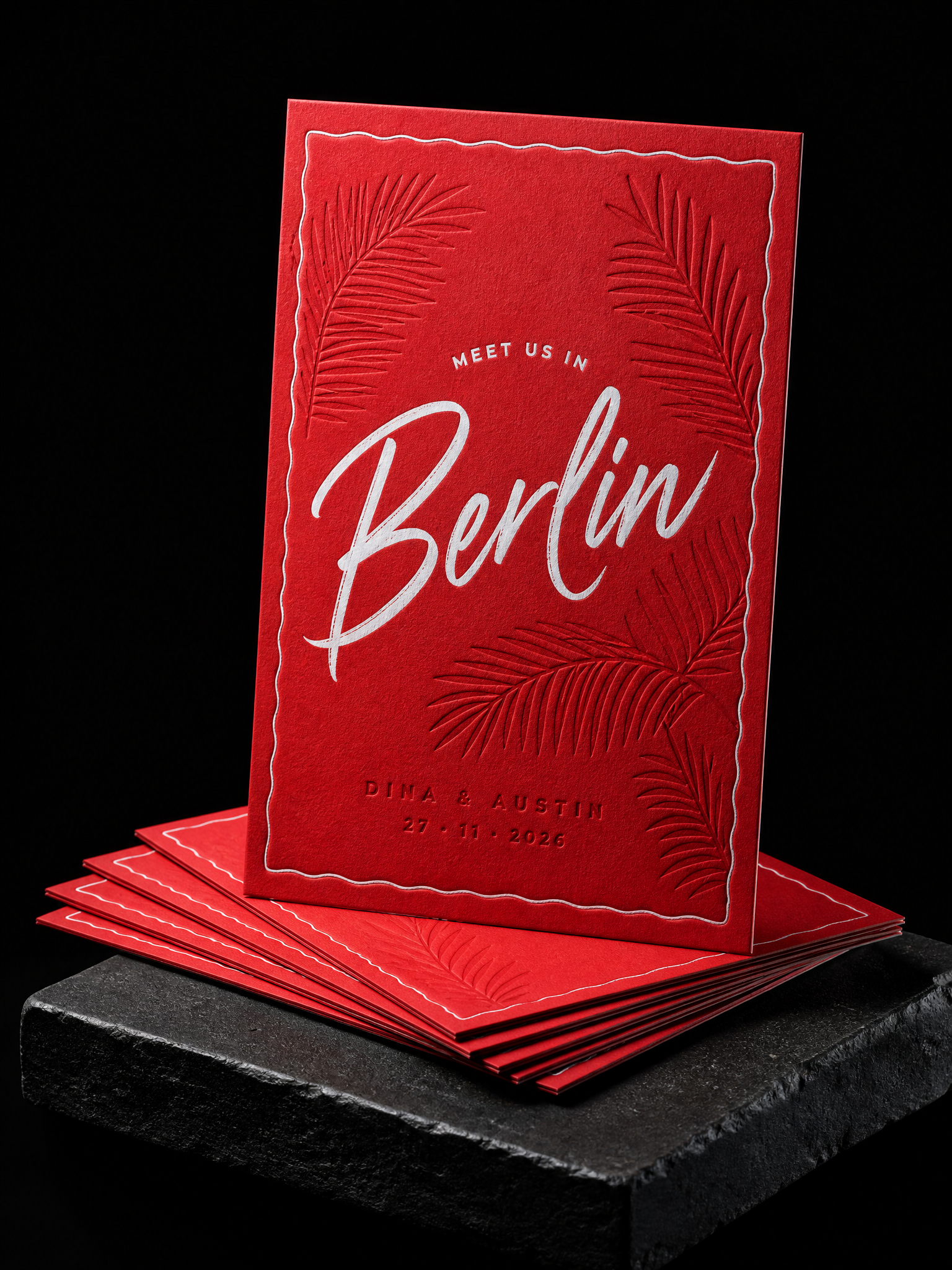Dina & Austin wedding invitation concept (run 1), Berlin 2026 — designed and produced by Print Peppermint