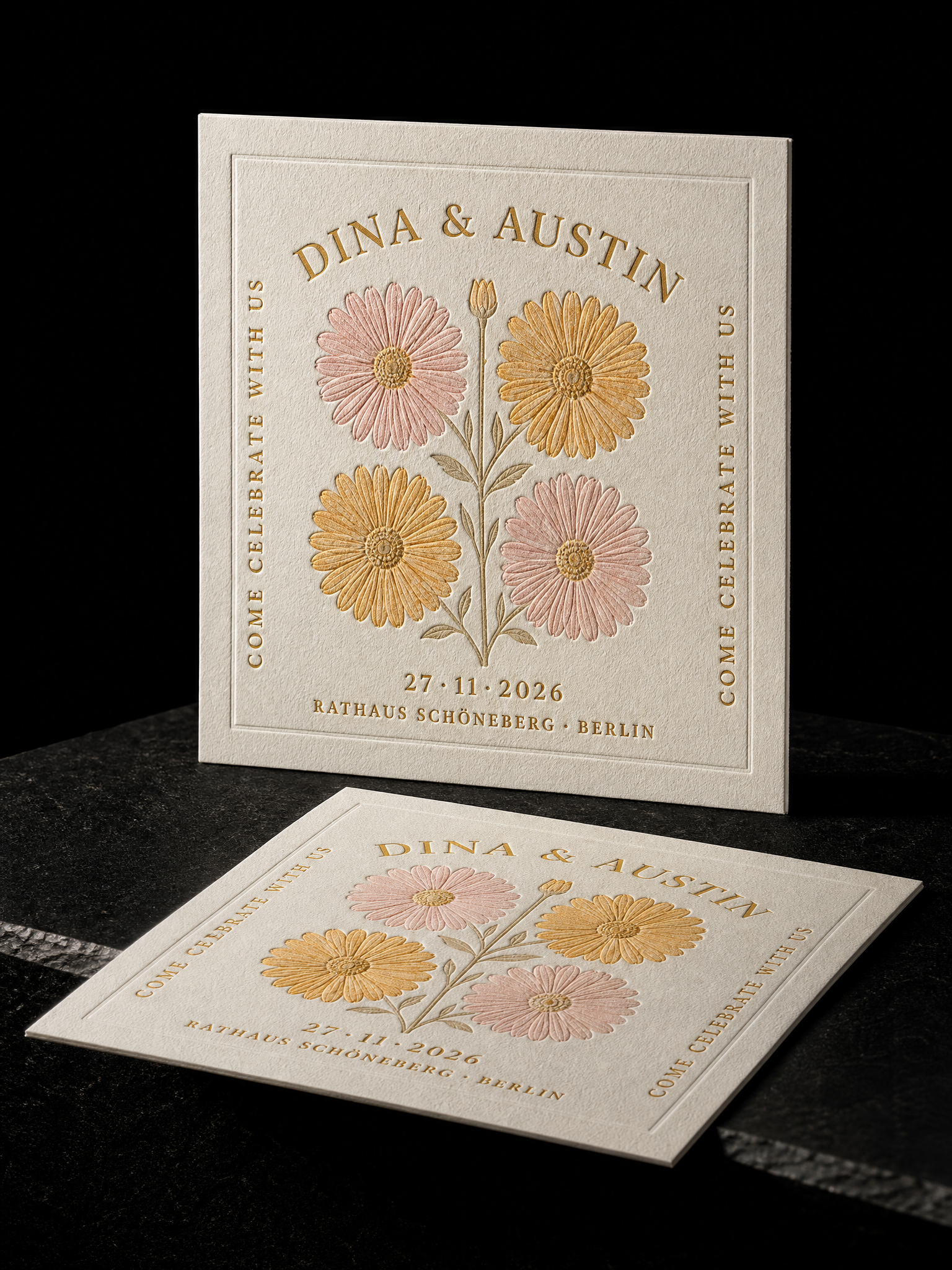 Dina & Austin wedding invitation concept (run 1), Berlin 2026 — designed and produced by Print Peppermint