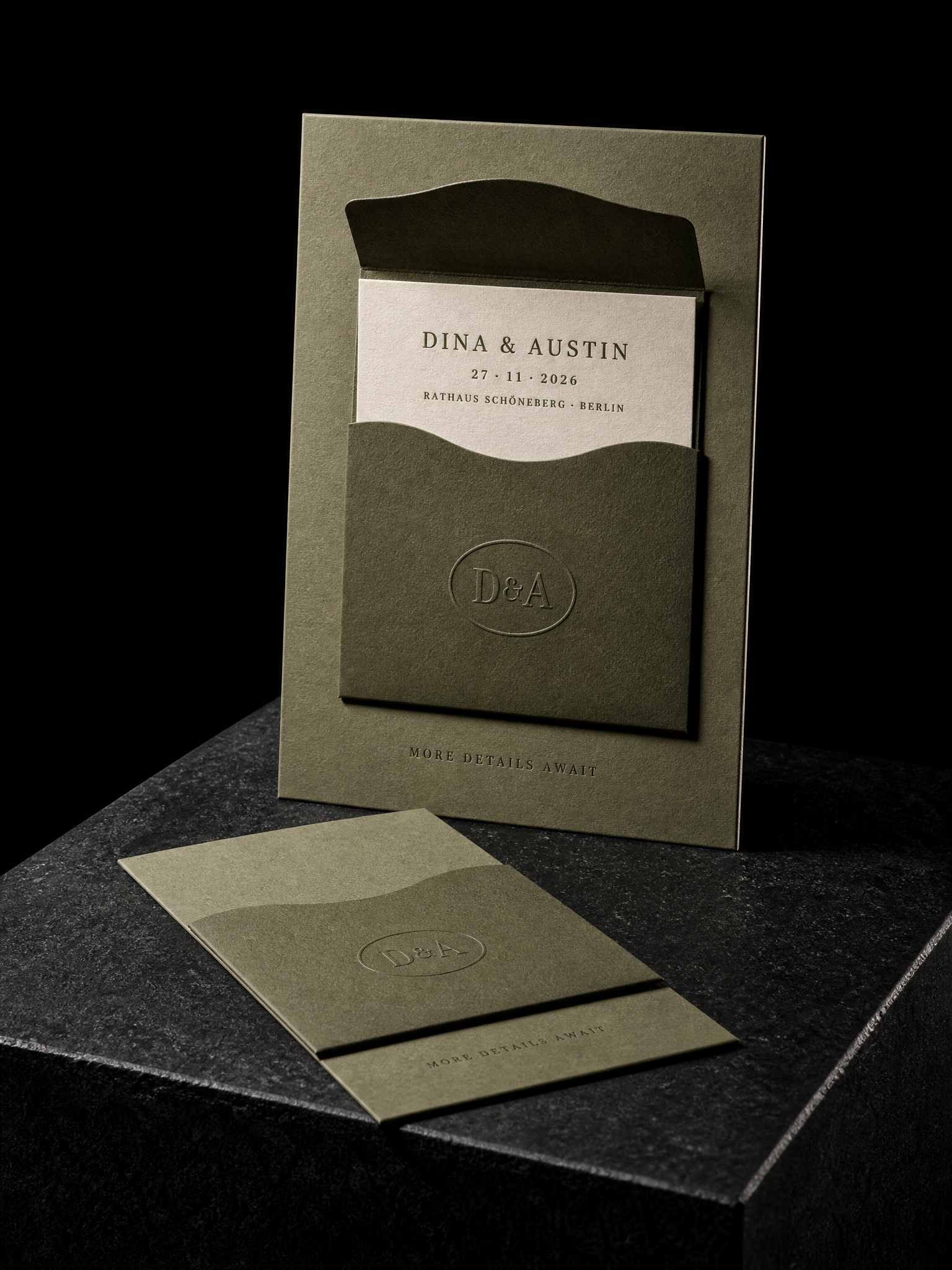 Dina & Austin wedding invitation concept (run 1), Berlin 2026 — designed and produced by Print Peppermint