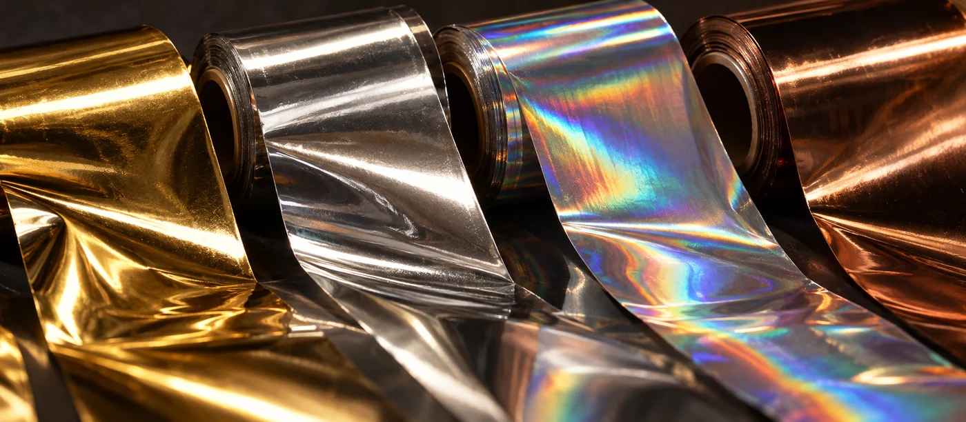 Rolls of hot stamping foil partially unspooled — gold, silver, copper and one holographic ribbon splitting the light.