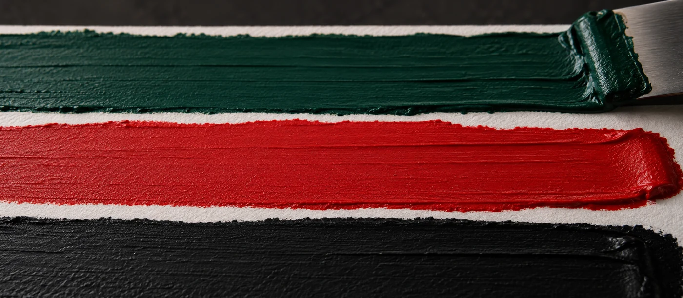 Spot ink drawdowns on uncoated stock, thick bands of flat colour showing the ridge left by the drawdown knife.