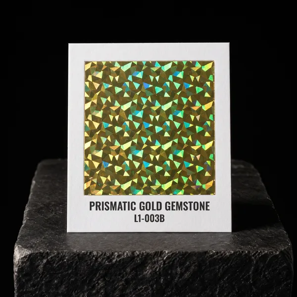 Prismatic Gold Gemstone L1-003B foil chip photographed on slate