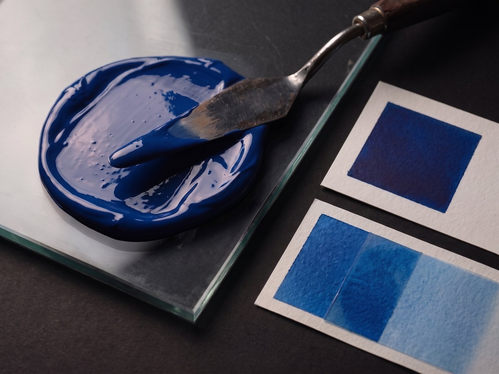 Blues spot ink mixed on glass with paper drawdowns