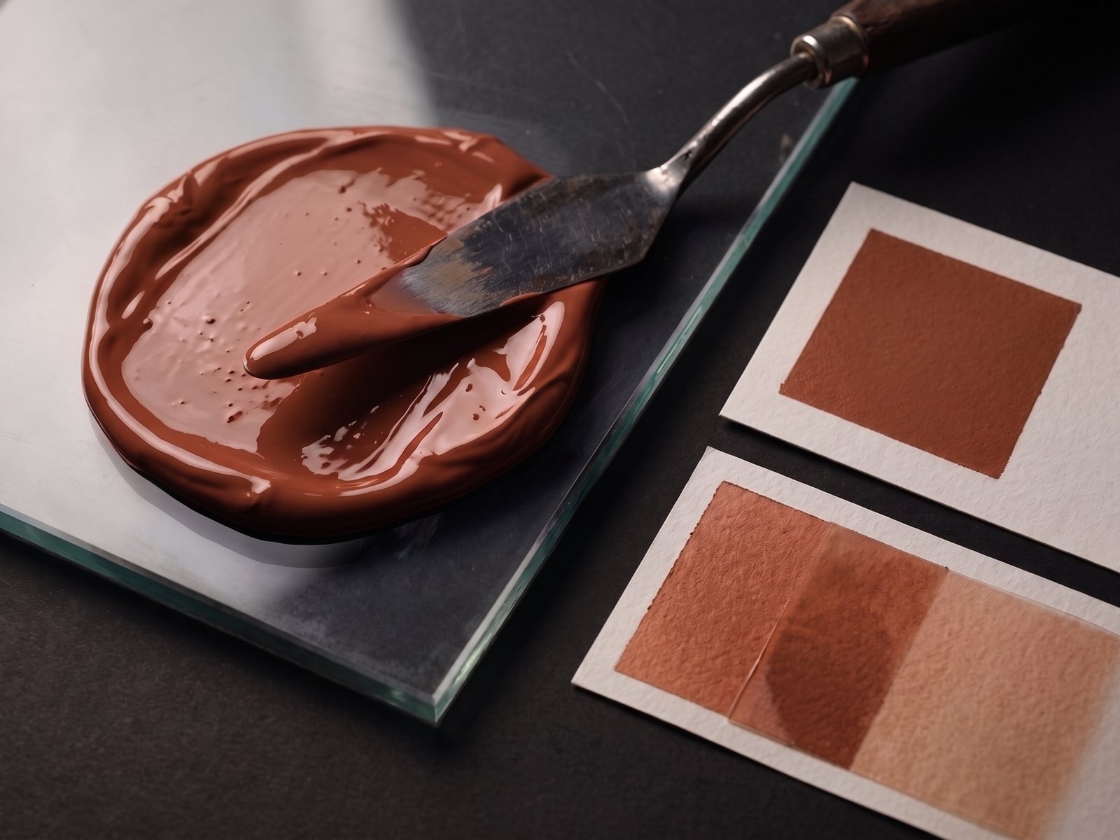 Browns & warm neutrals spot ink mixed on glass with paper drawdowns