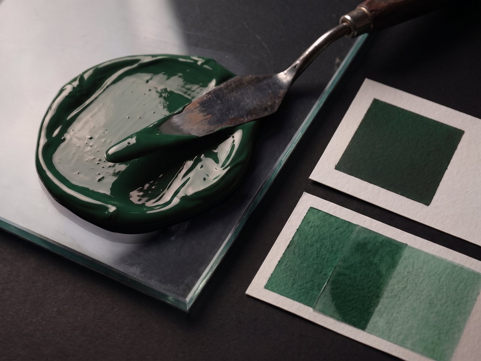 Greens spot ink mixed on glass with paper drawdowns
