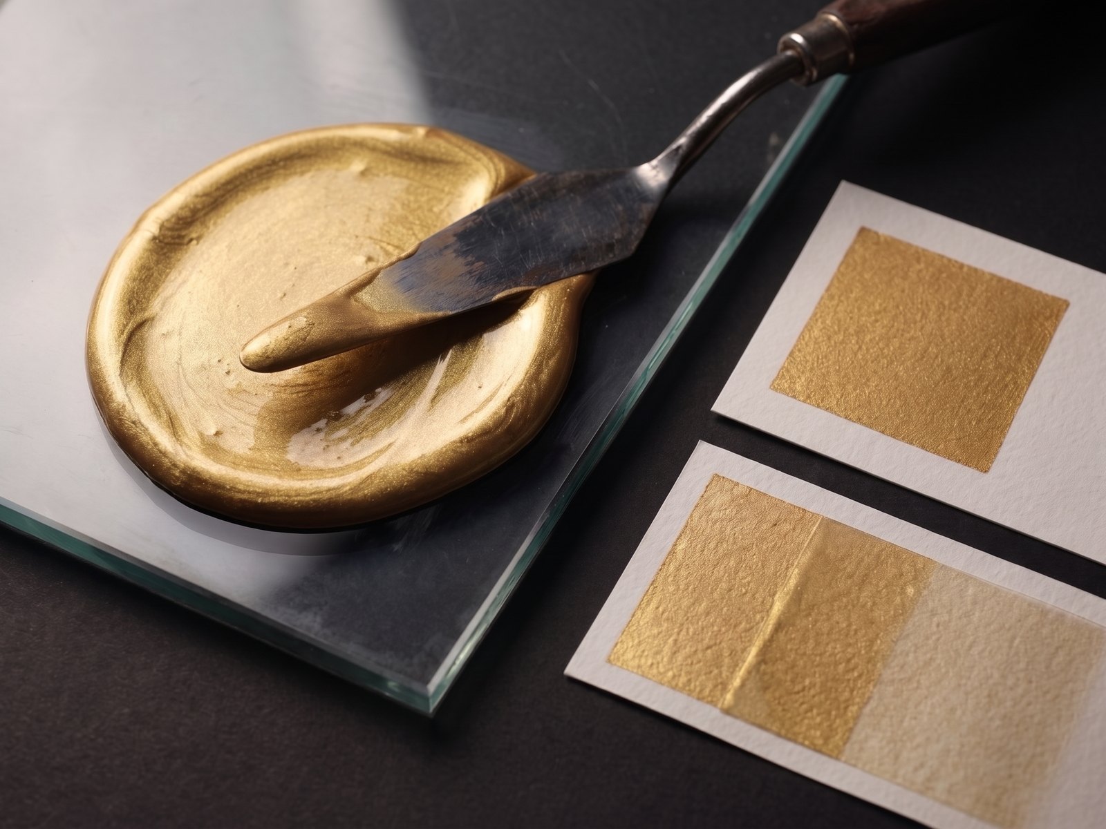 Metallics (871–877) spot ink mixed on glass with paper drawdowns
