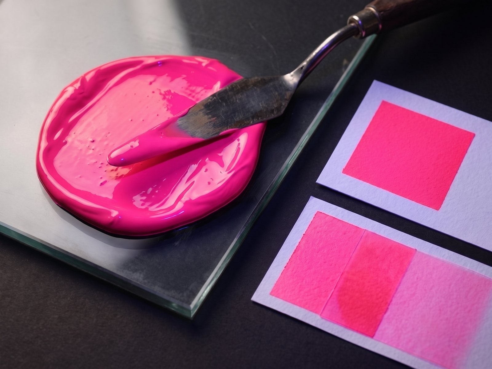 Neons & fluorescents (801–814) spot ink mixed on glass with paper drawdowns