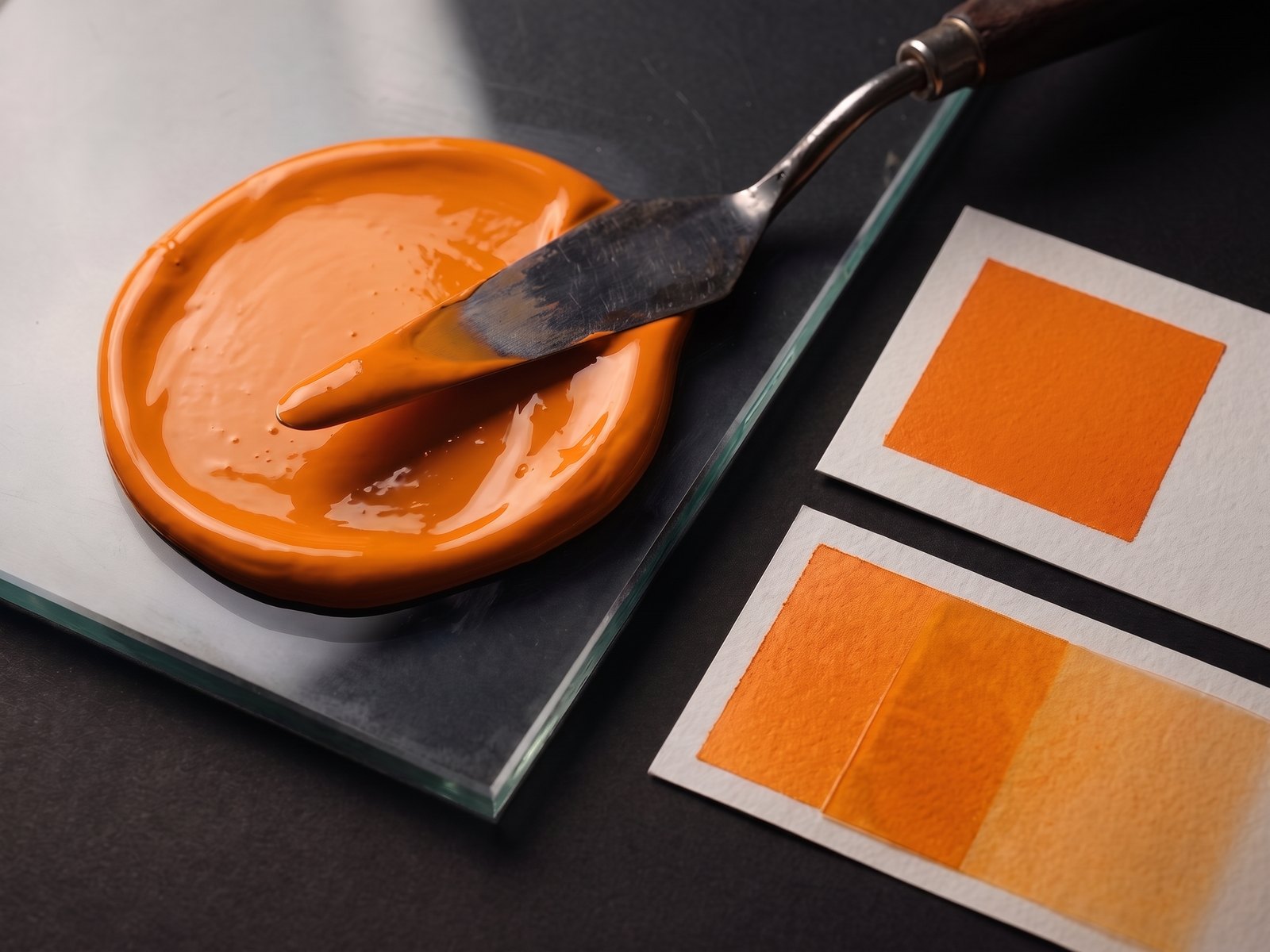 Oranges spot ink mixed on glass with paper drawdowns