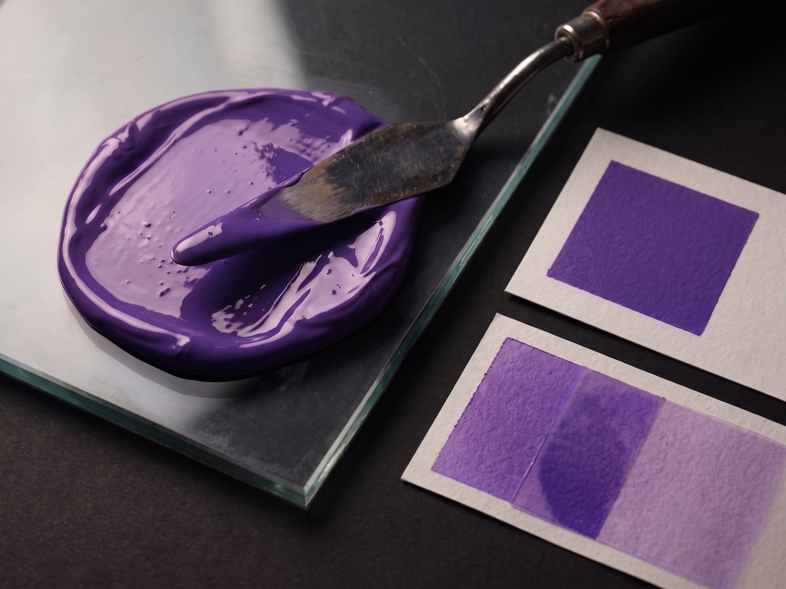 Purples & violets spot ink mixed on glass with paper drawdowns