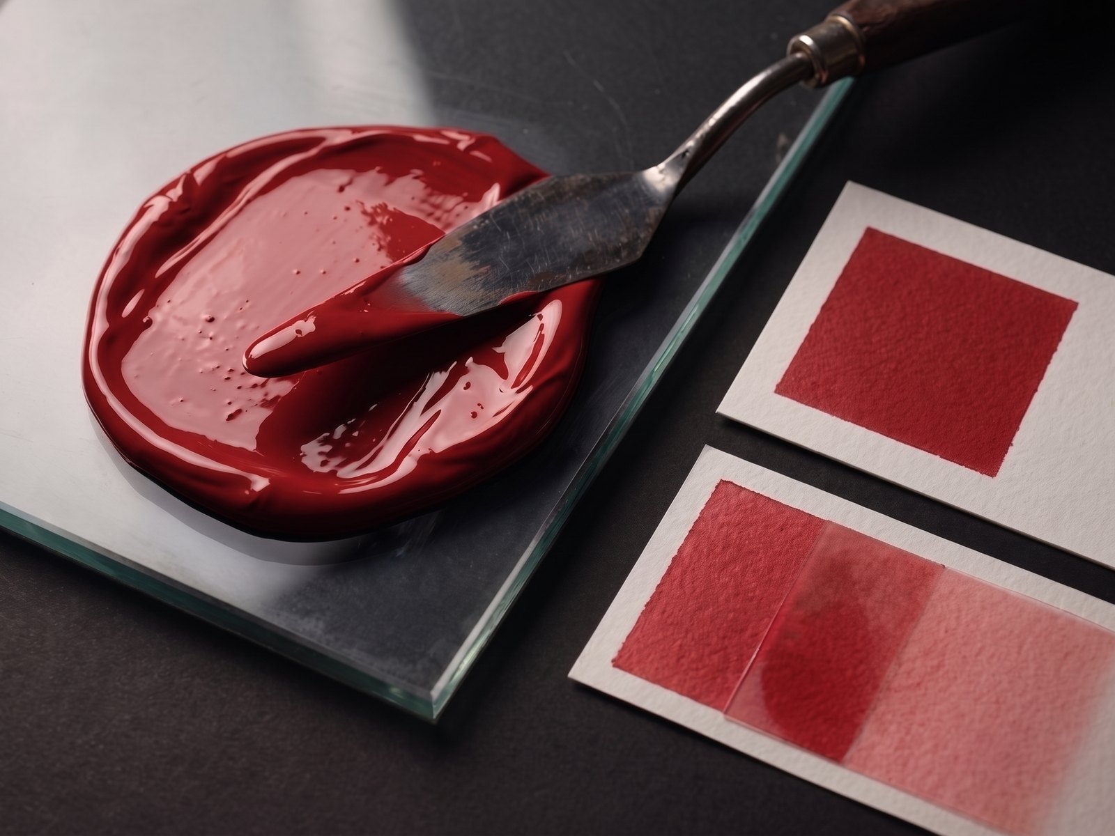 Reds & pinks spot ink mixed on glass with paper drawdowns