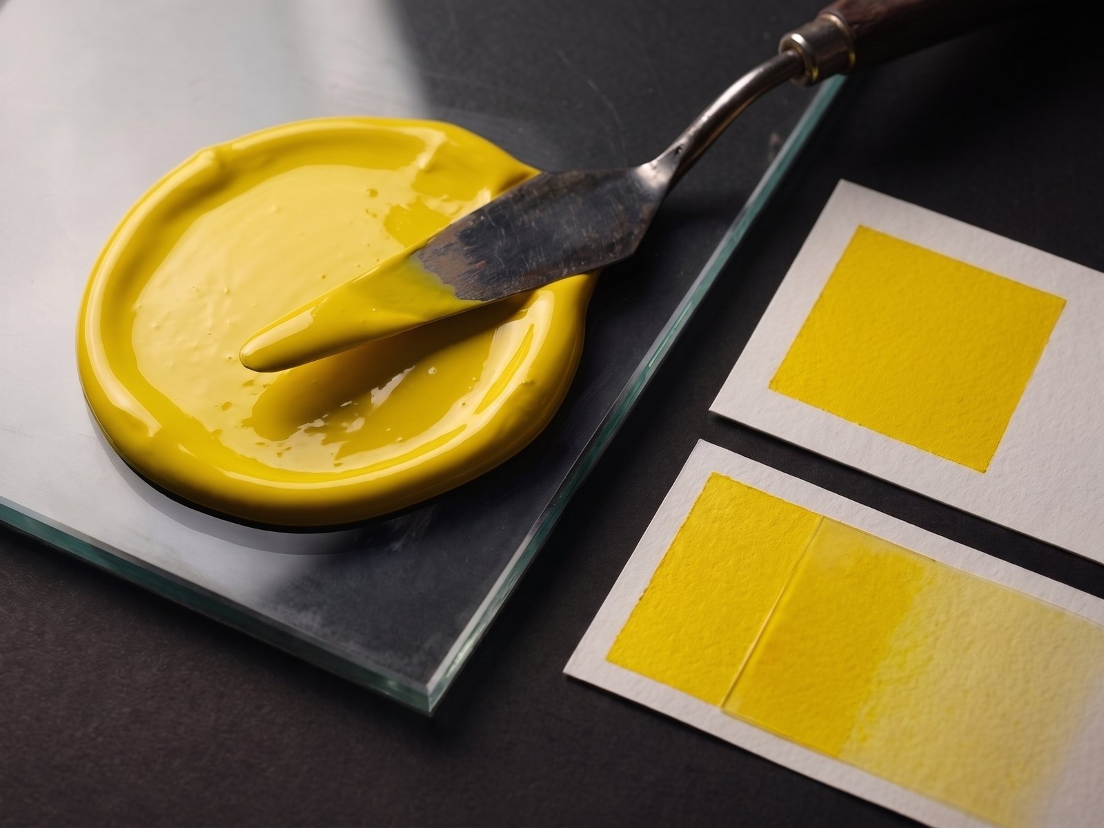 Yellows spot ink mixed on glass with paper drawdowns