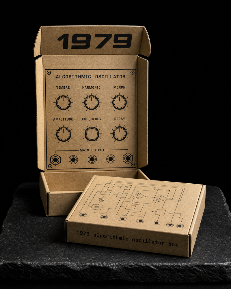 Folded kraft chipboard box letterpressed in black with a modular-synth front panel of knobs and jacks
