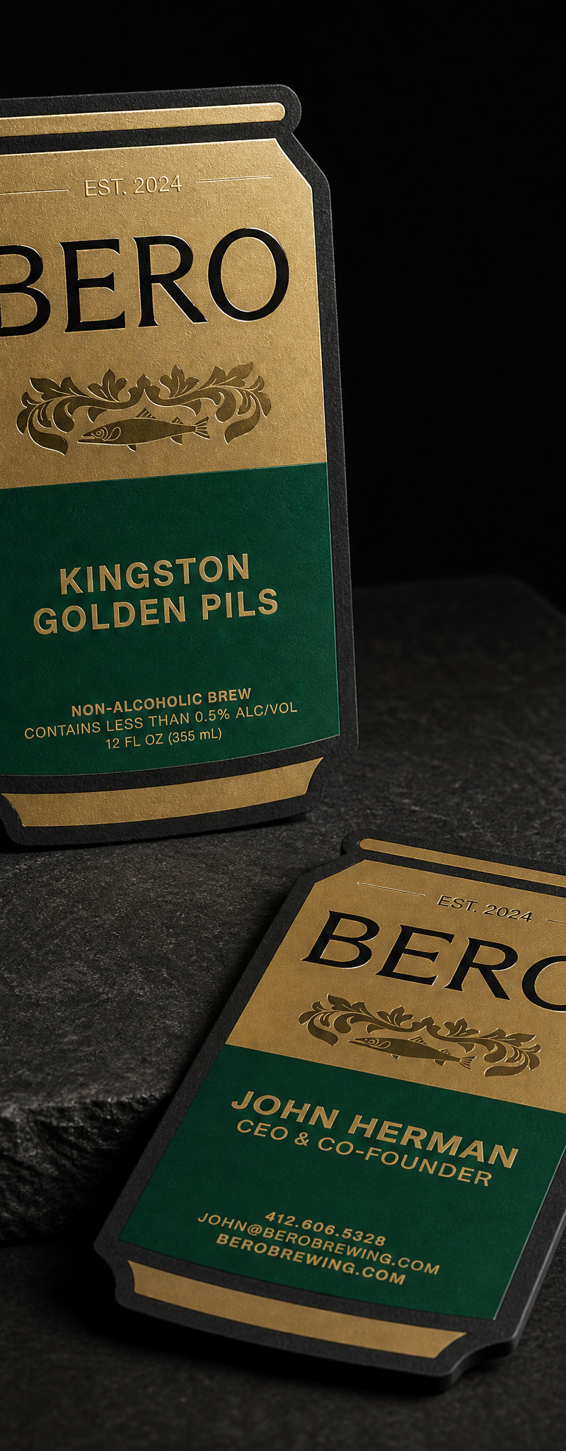 Business card with matte-gold-, green-pigment- and clear- foil stamping and die-cut.