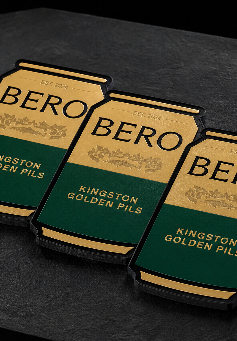 Business card with matte-gold-, green-pigment- and clear- foil stamping and die-cut.