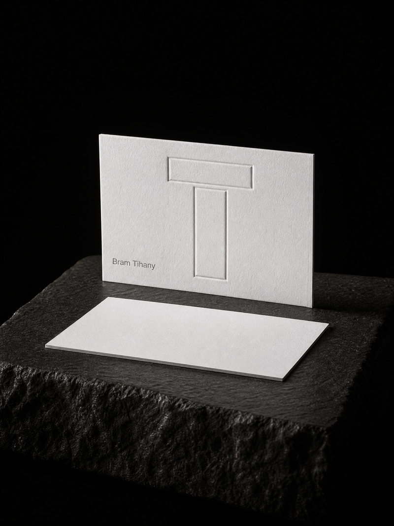 Bram Tihany: Multi-level blind emboss on 48pt cotton, grey letterpress name