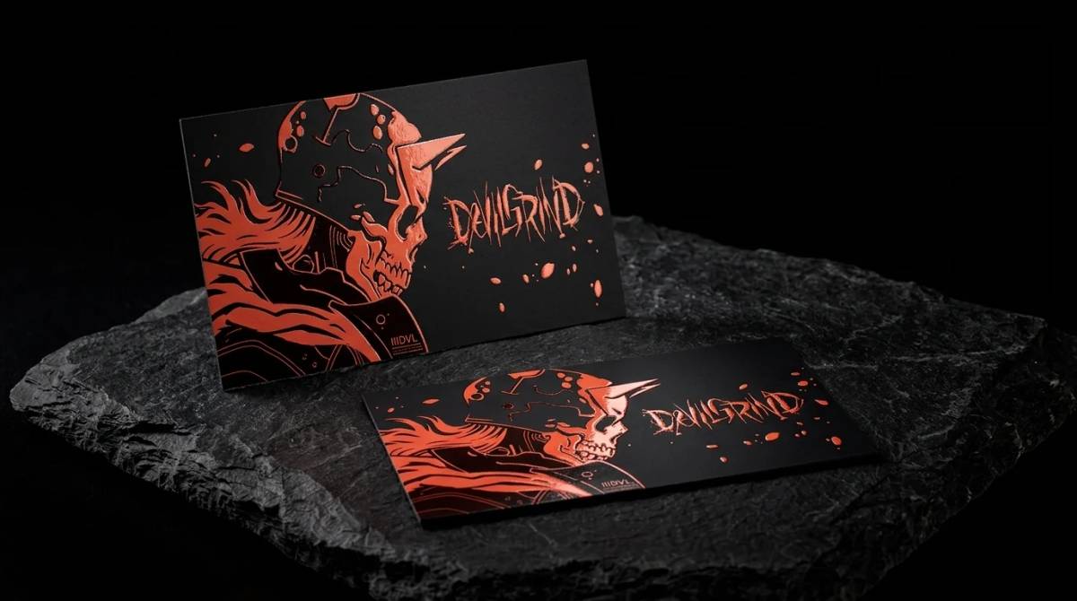 DevilGrind business card: Raised gloss over red artwork on black