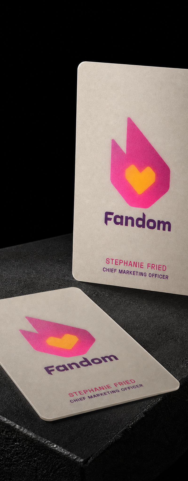 Business card with opaque white underprint, direct print and rounded corners on 30pt frosted plastic.