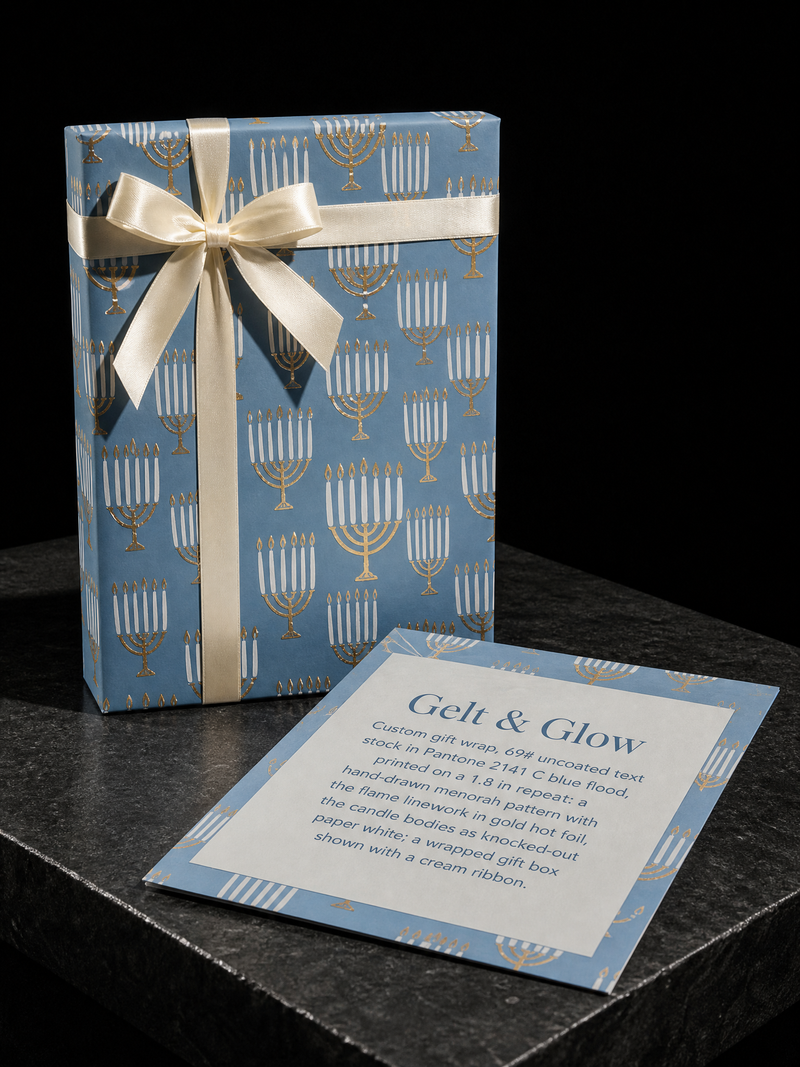 Blue holiday wrapping paper with a hand-drawn menorah pattern and gold foil flames.