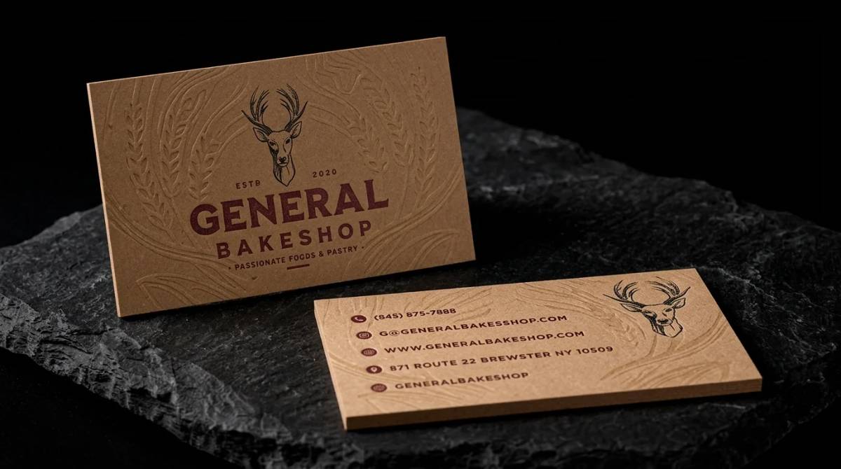 General Bakeshop business card: blind-debossed wheat and wood grain with maroon letterpress on thick kraft