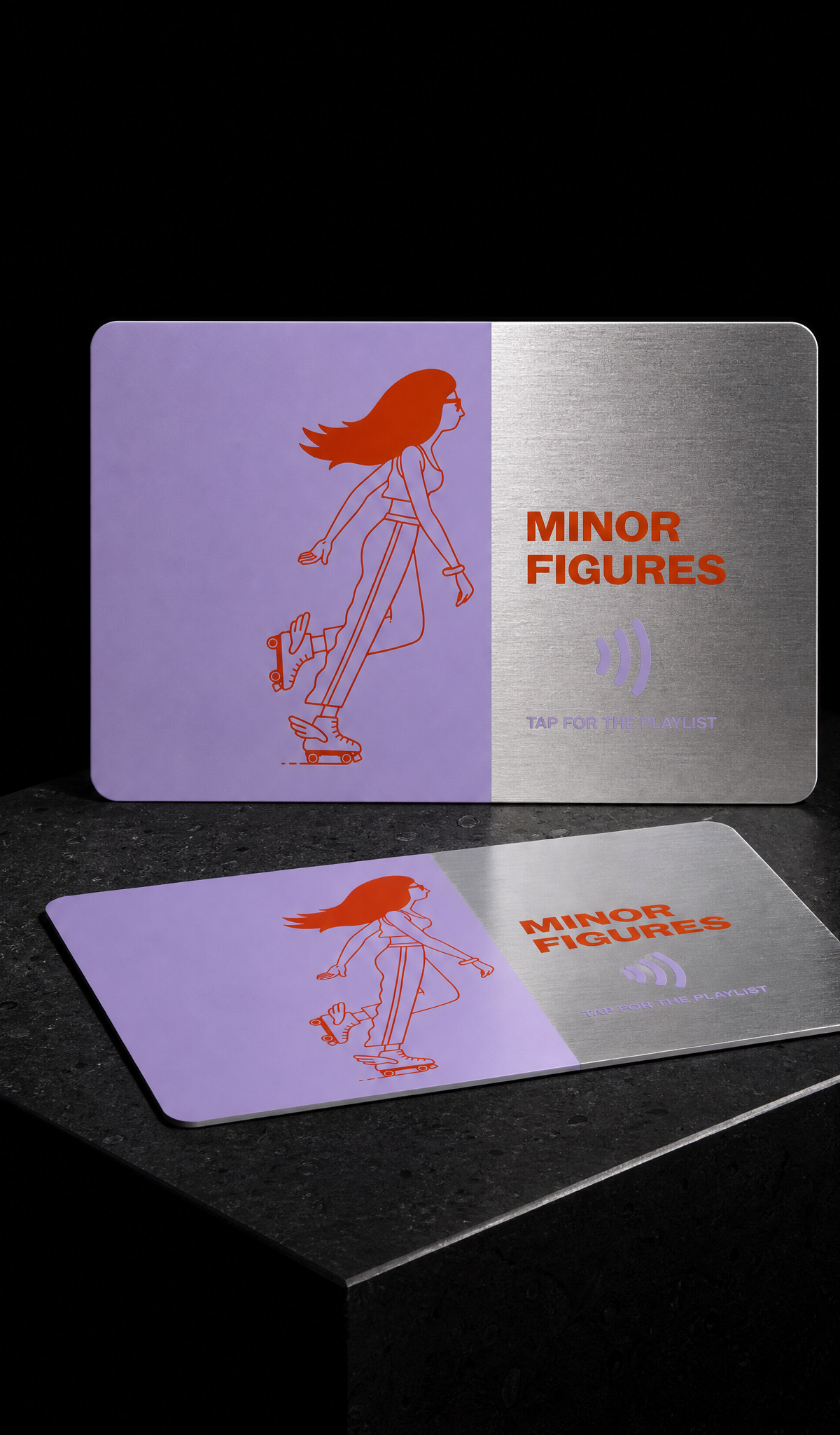 Minor Figures hybrid stainless steel and PVC NFC business card with two-color illustration