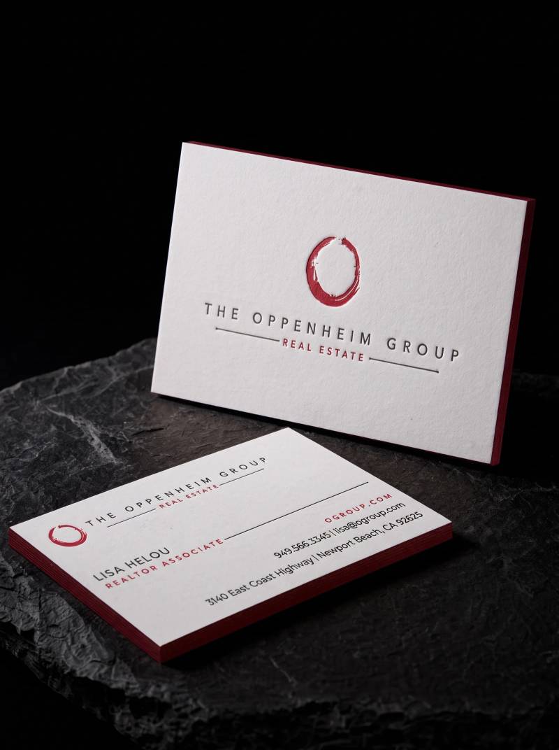The Oppenheim Group: Two-colour letterpress on bright white cotton, PMS-matched red painted edge