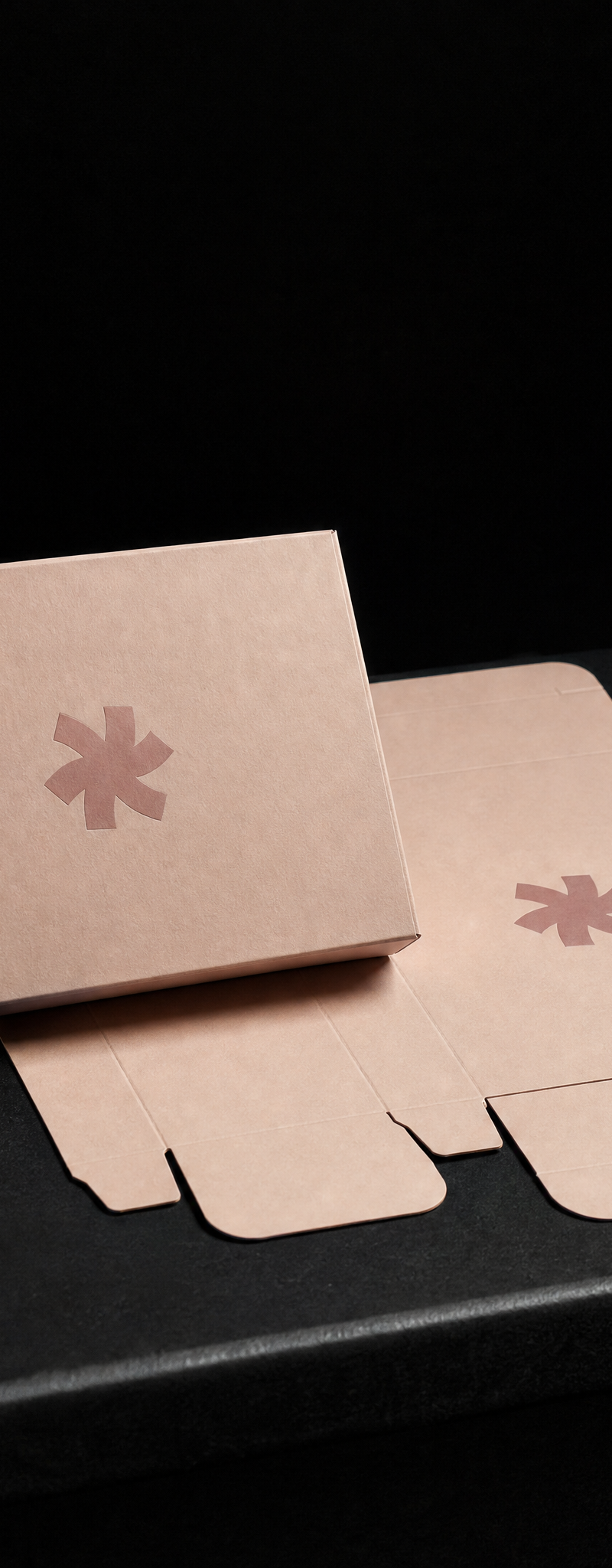 Business card with matte-blush- foil stamping, die-cut, folding and tone-on-tone.